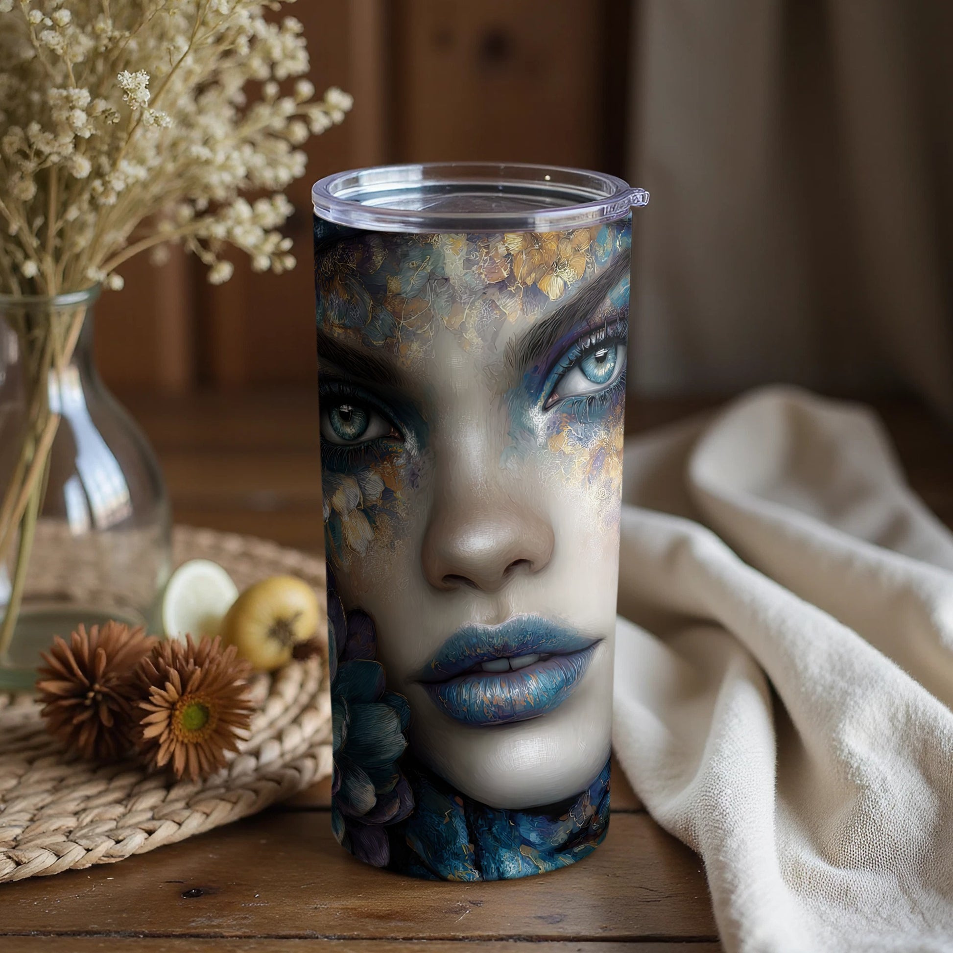 Surreal Face Art Tumbler with Mesmerizing Eyes Design