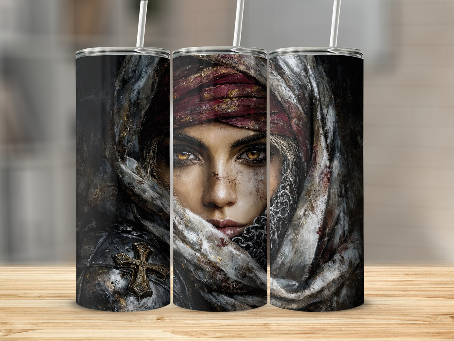 Mysterious Warrior Woman Tumbler with Intense Gaze