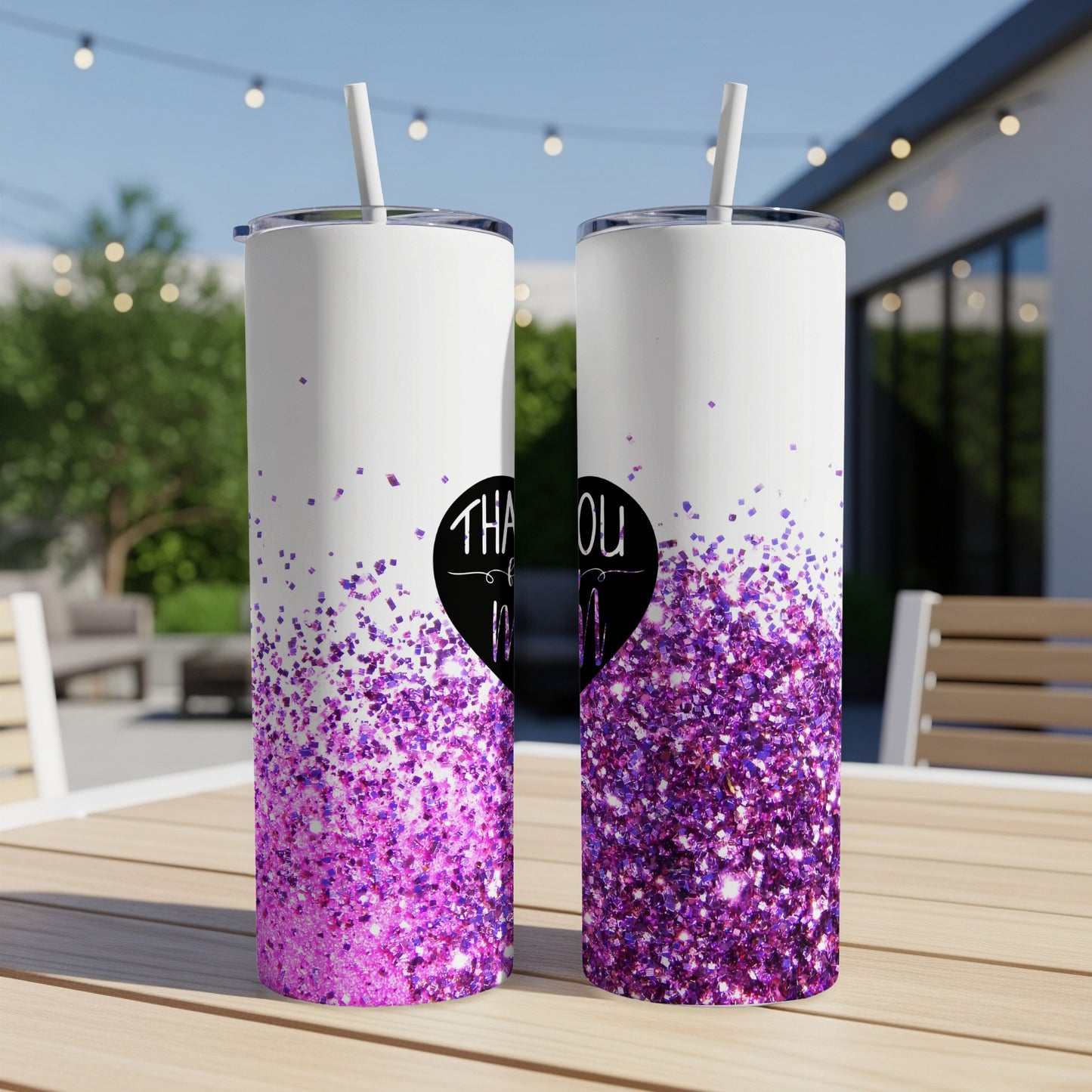 White tumblers with purple glitter gradient and "Thank you" heart text.