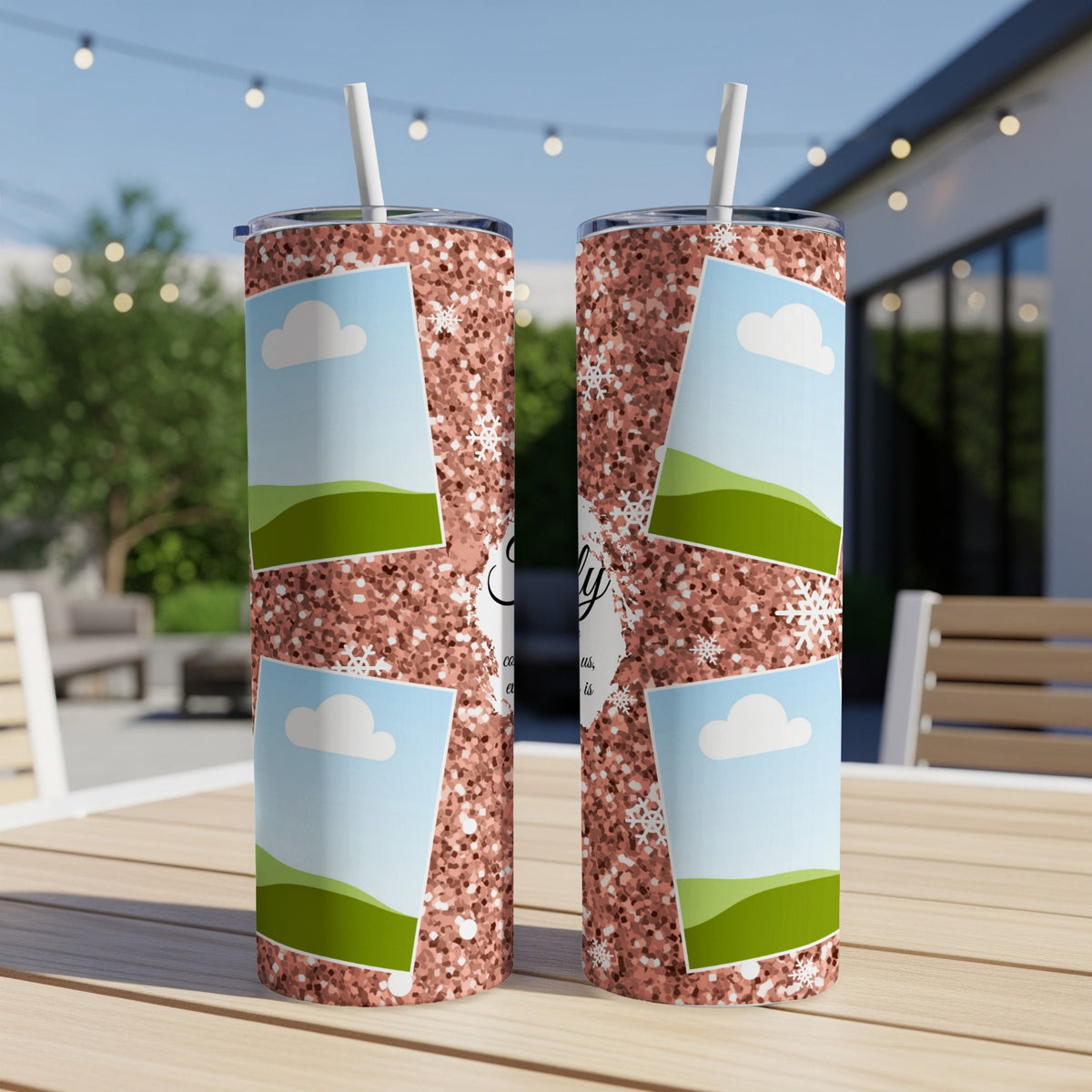 Two rose gold glitter tumblers with personalized photo frames and snowflakes.