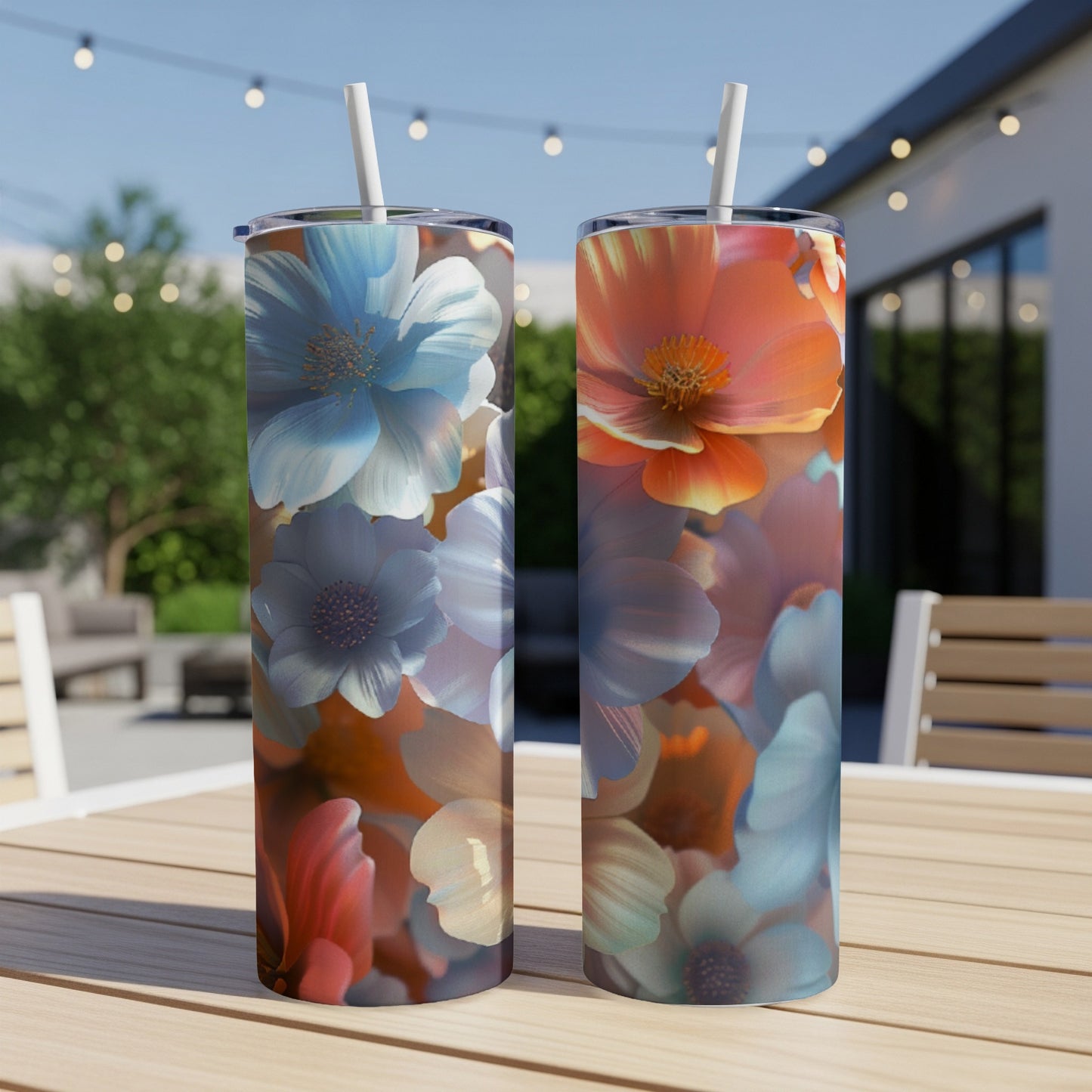 Two tumblers with a floral pattern of blue and orange flowers on a patio table.