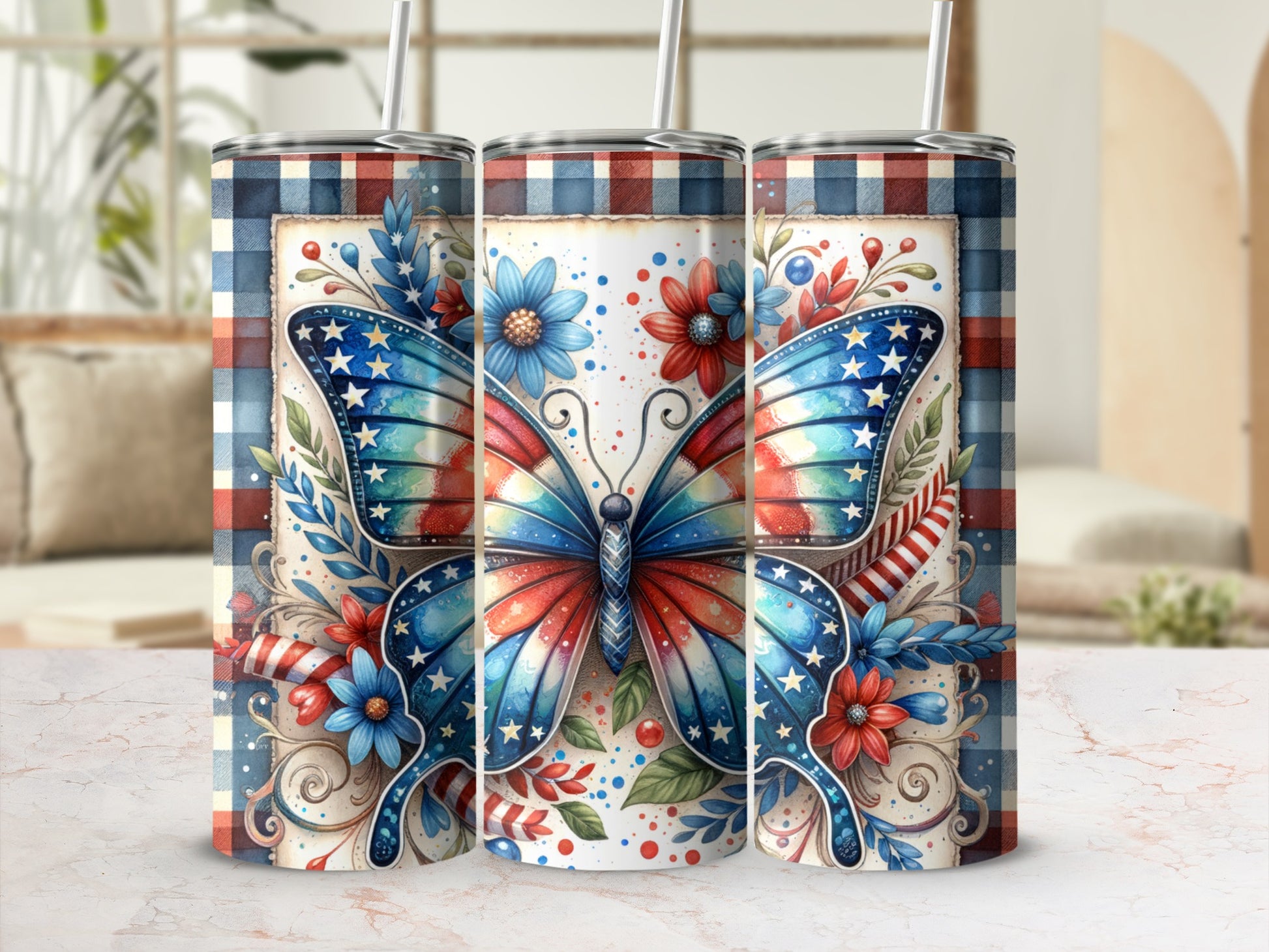 Tumbler with a patriotic butterfly design and floral accents on a checkered background.