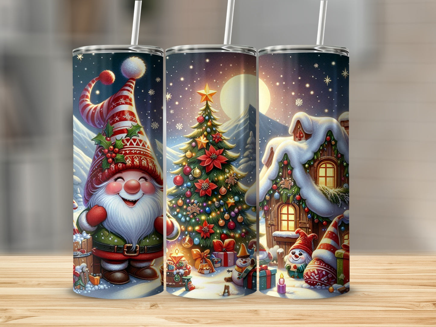 Festive gnome, decorated Christmas tree, and snowy cottage with festive lights.