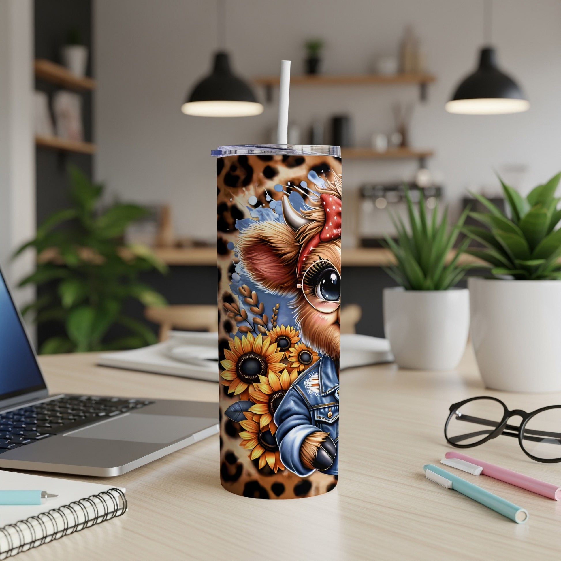 Tall tumbler with a cartoon cow wearing a denim jacket and bandana, against sunflowers.