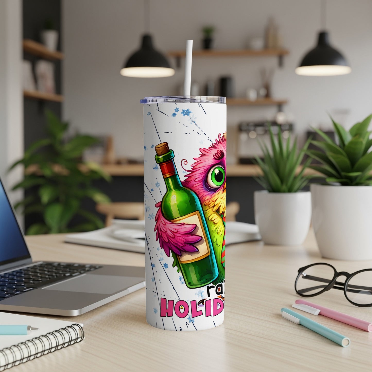 Cartoon owl with colorful feathers holding a wine bottle on a white tumbler.