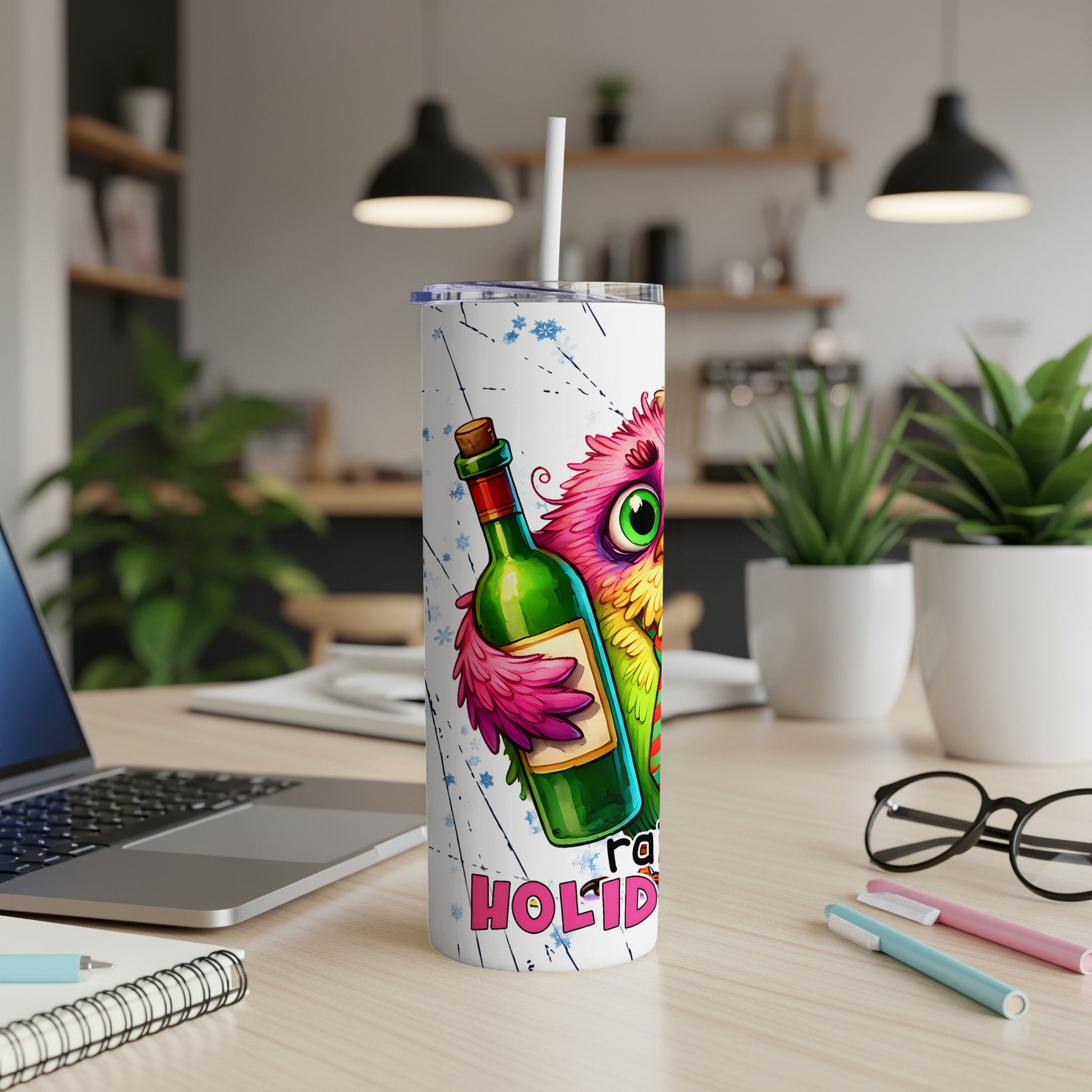 Cartoon owl with colorful feathers holding a wine bottle on a white tumbler.