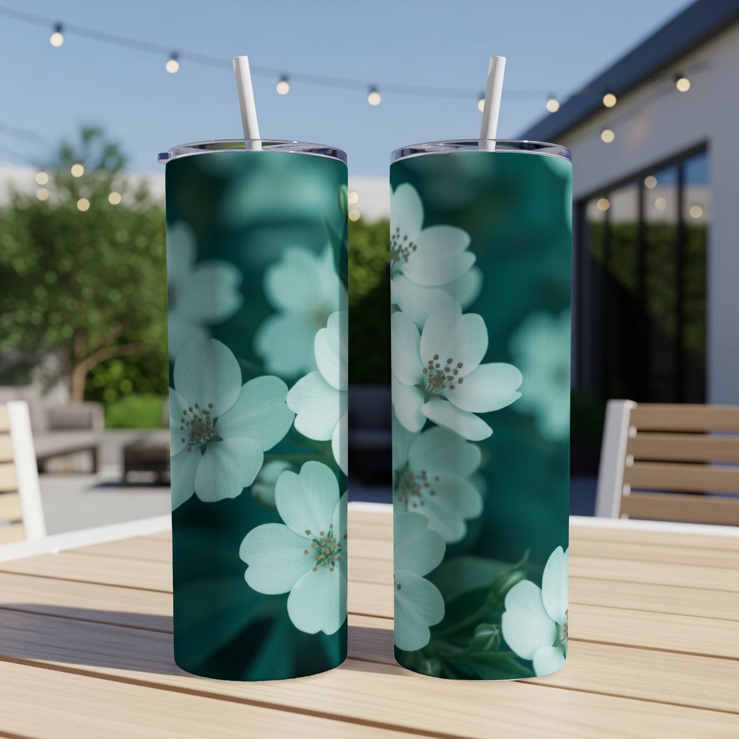 Two tumblers with white cherry blossoms on a teal background.
