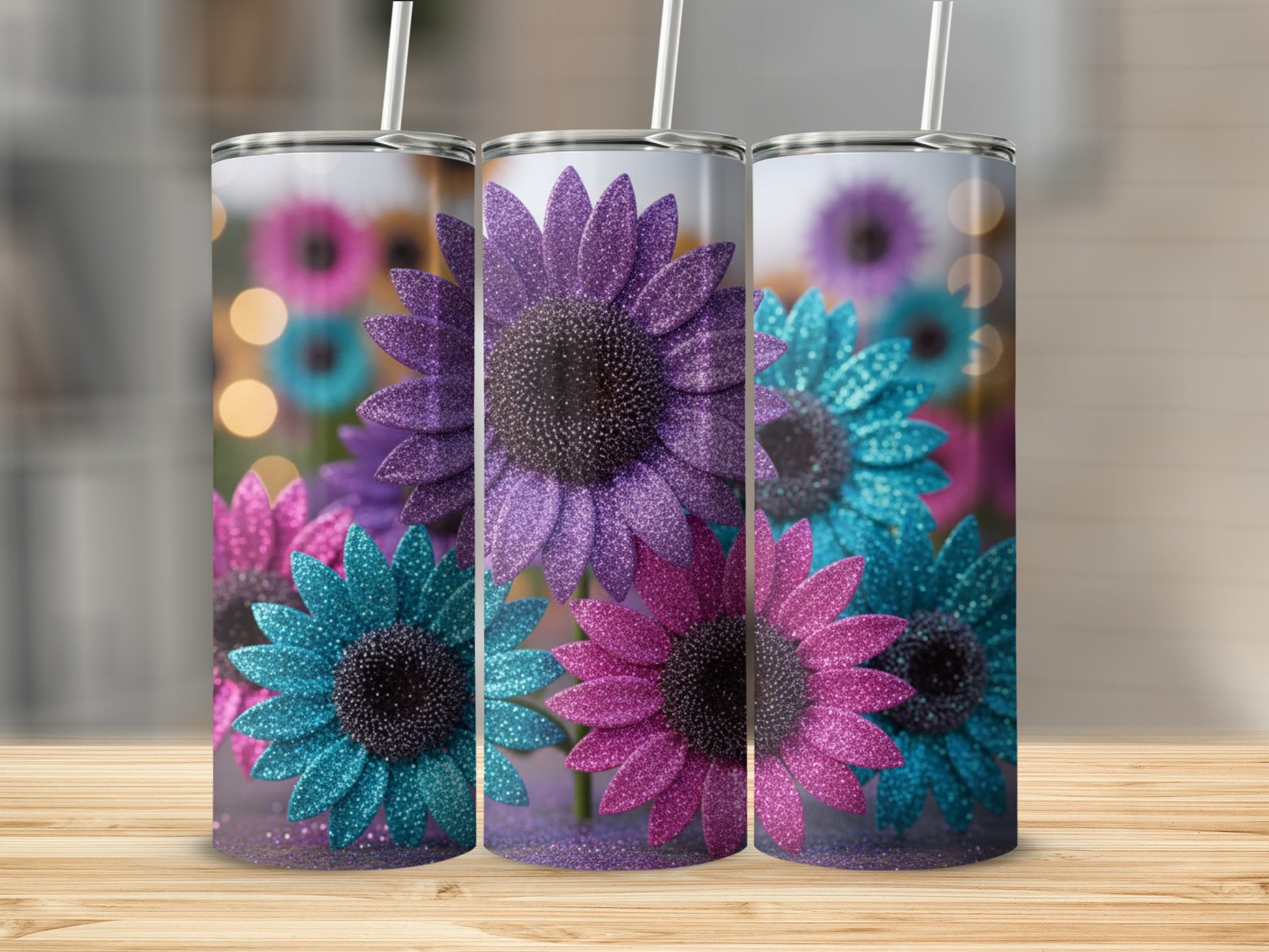Glittery Colorful Sunflowers Skinny Tumbler Cup