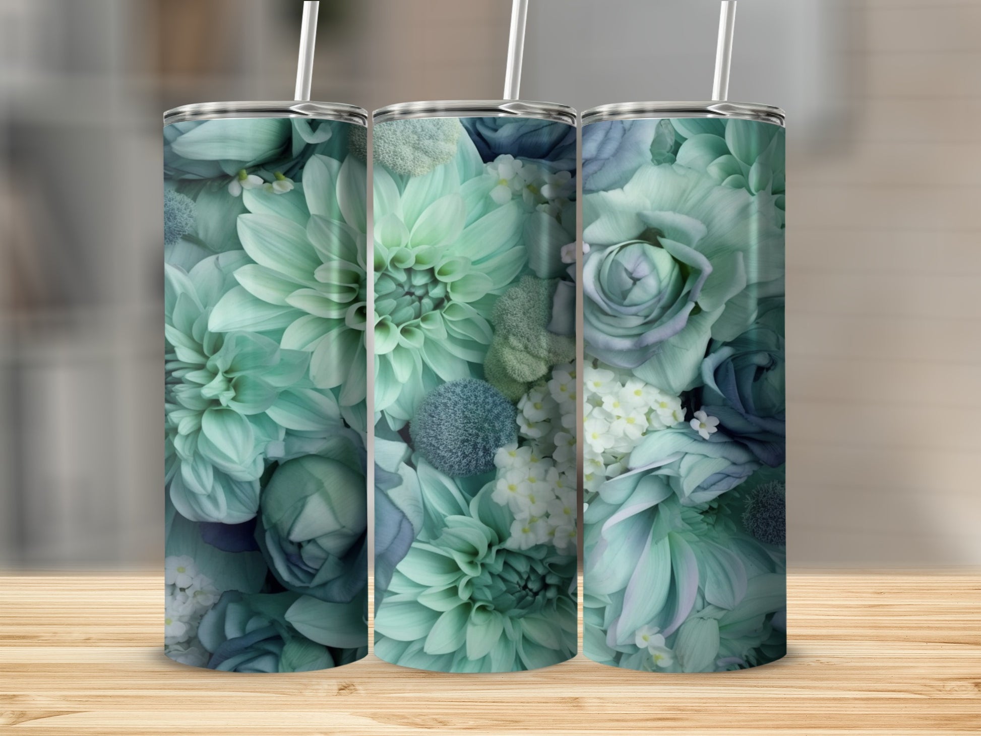 Floral Pattern Mint Green Stainless Steel Tumbler