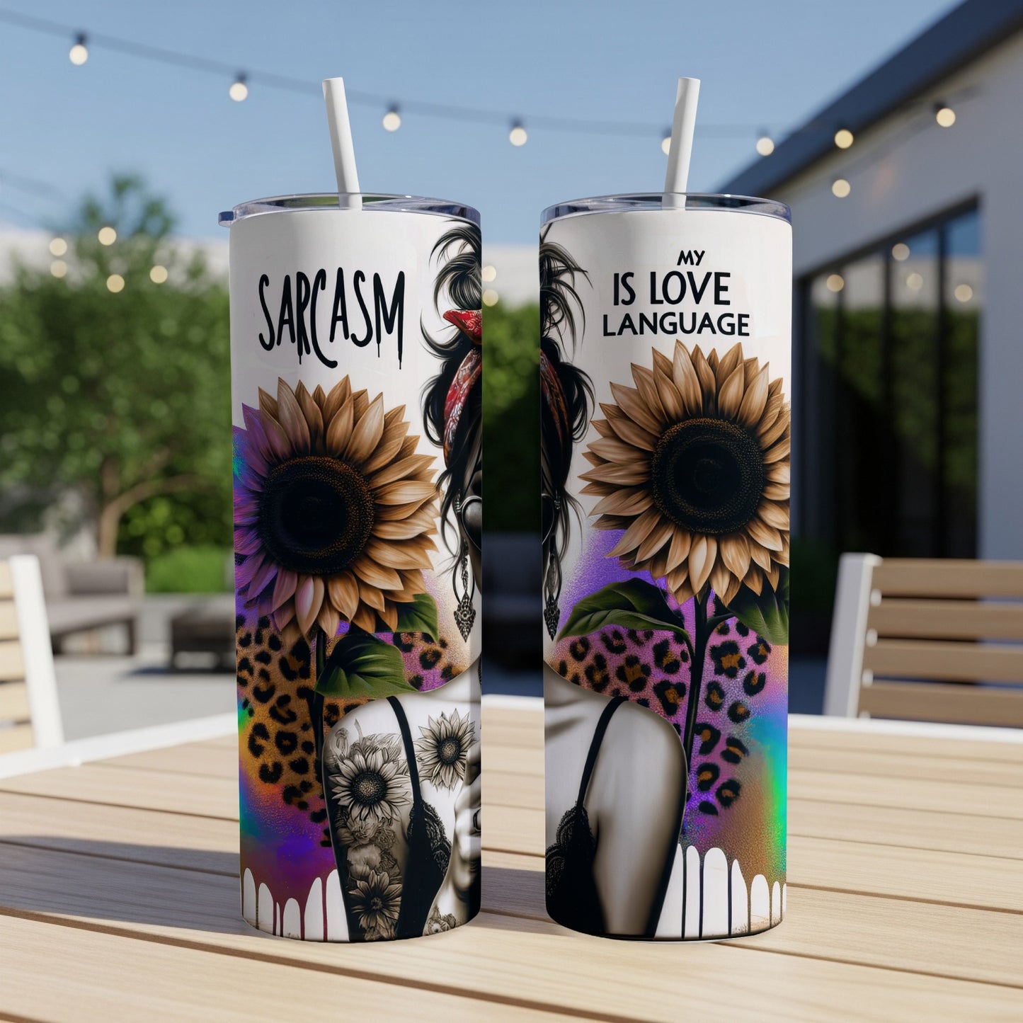 Two tumblers with "Sarcasm is my love language" and sunflowers.
