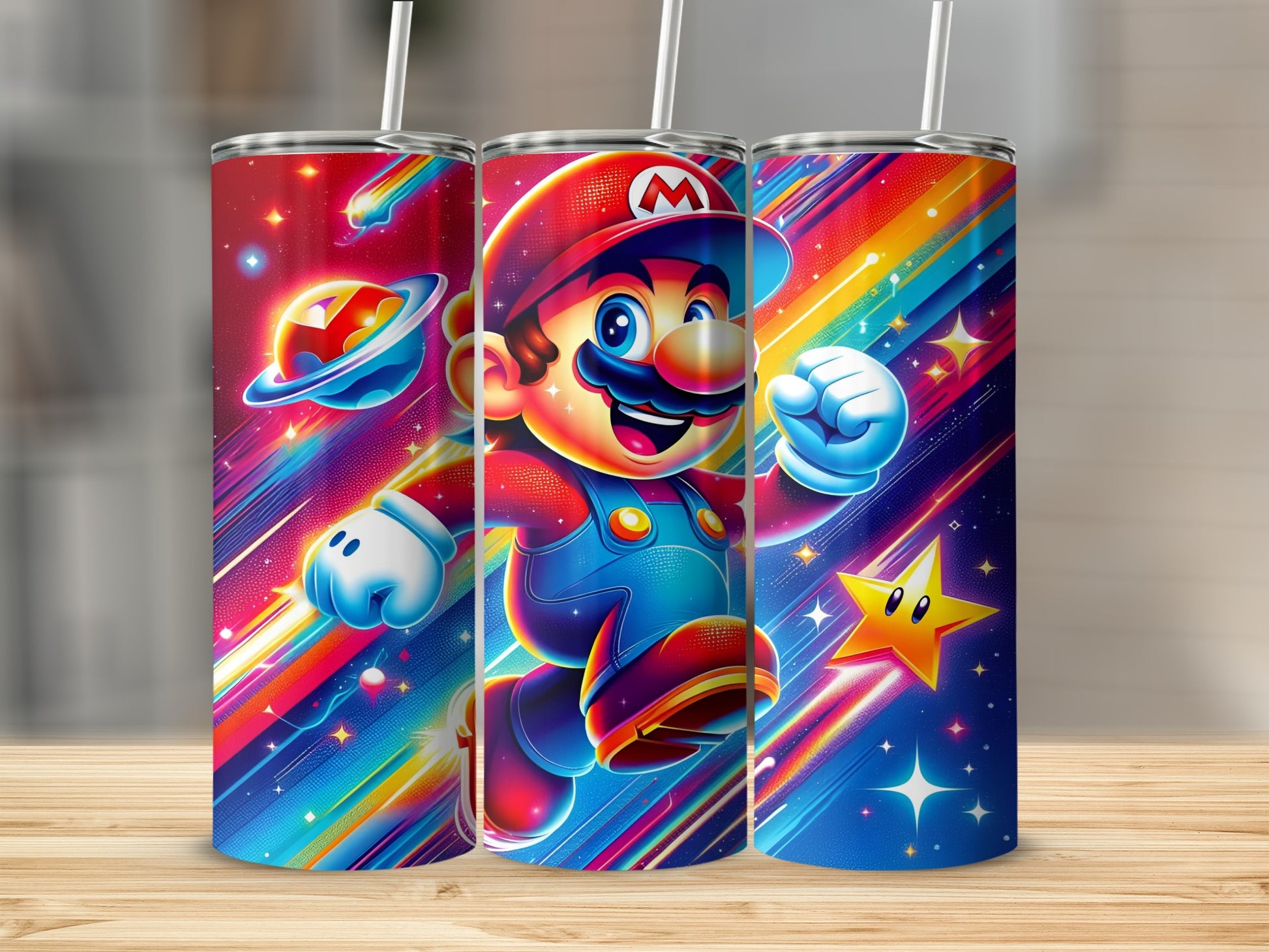 Super Mario running with rainbow streaks and a star.