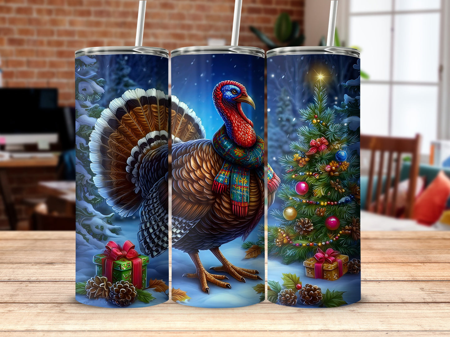 Festive Holiday Tumblers with Turkey and Christmas Tree