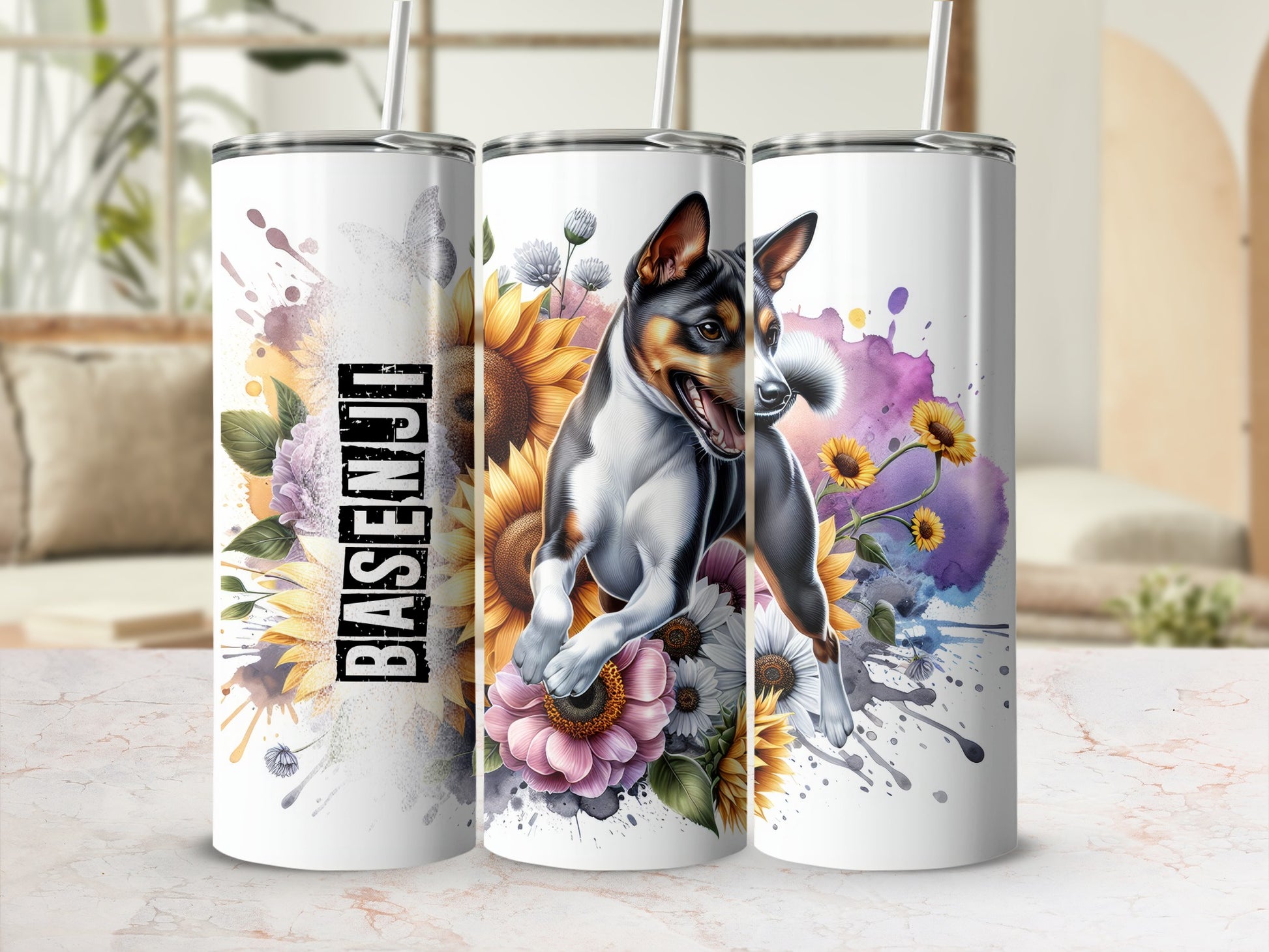 Three tumblers featuring a Basenji dog surrounded by sunflowers and abstract watercolor splashes.