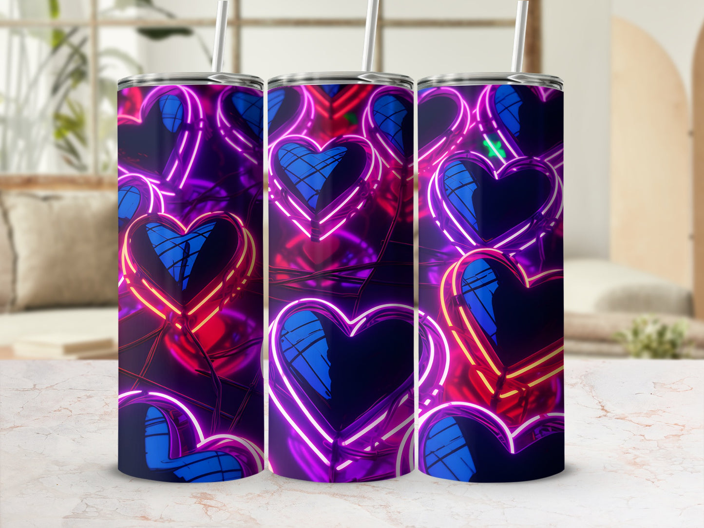 Three tumblers with glowing neon heart designs in purple and pink.