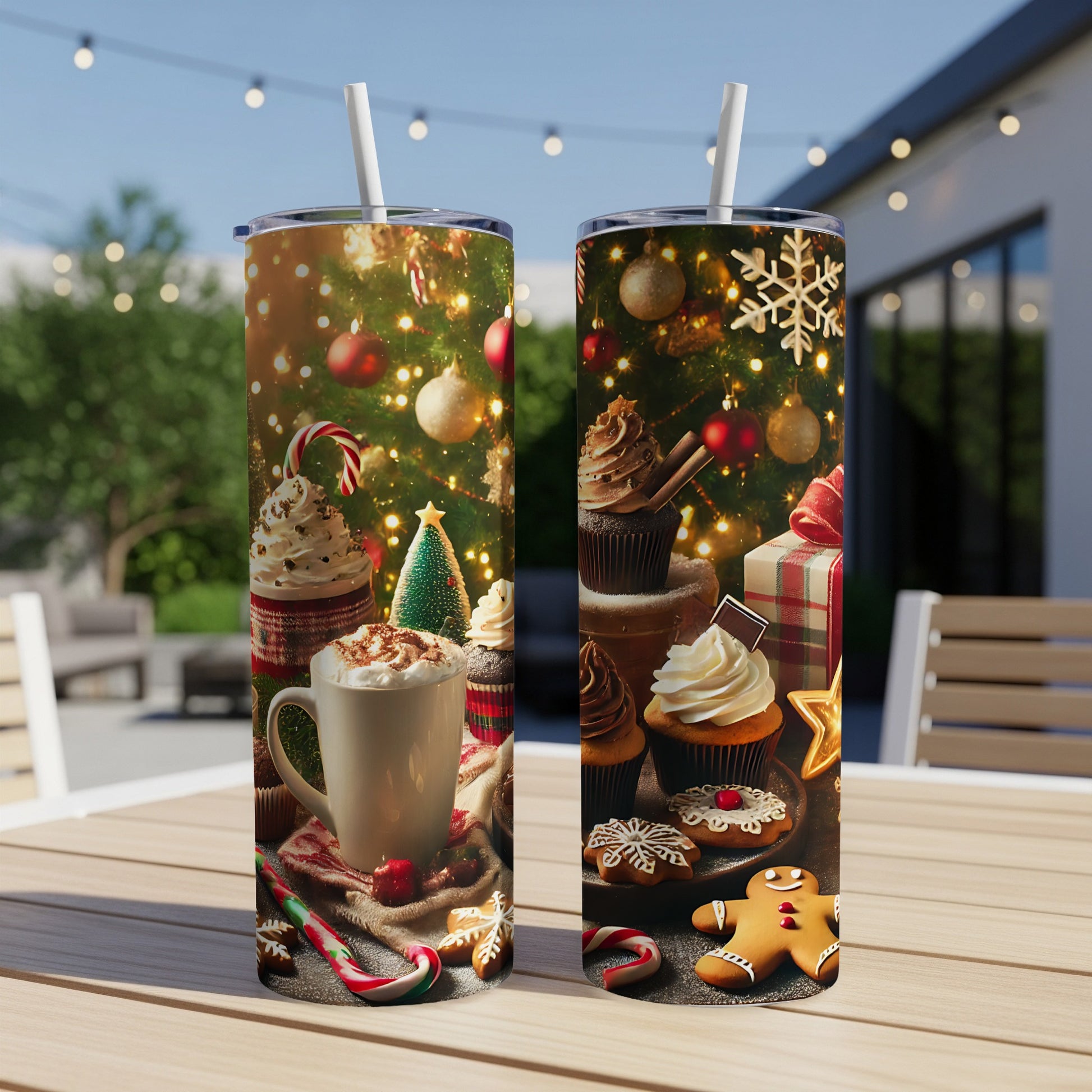 Two holiday-themed tumblers with festive Christmas designs.