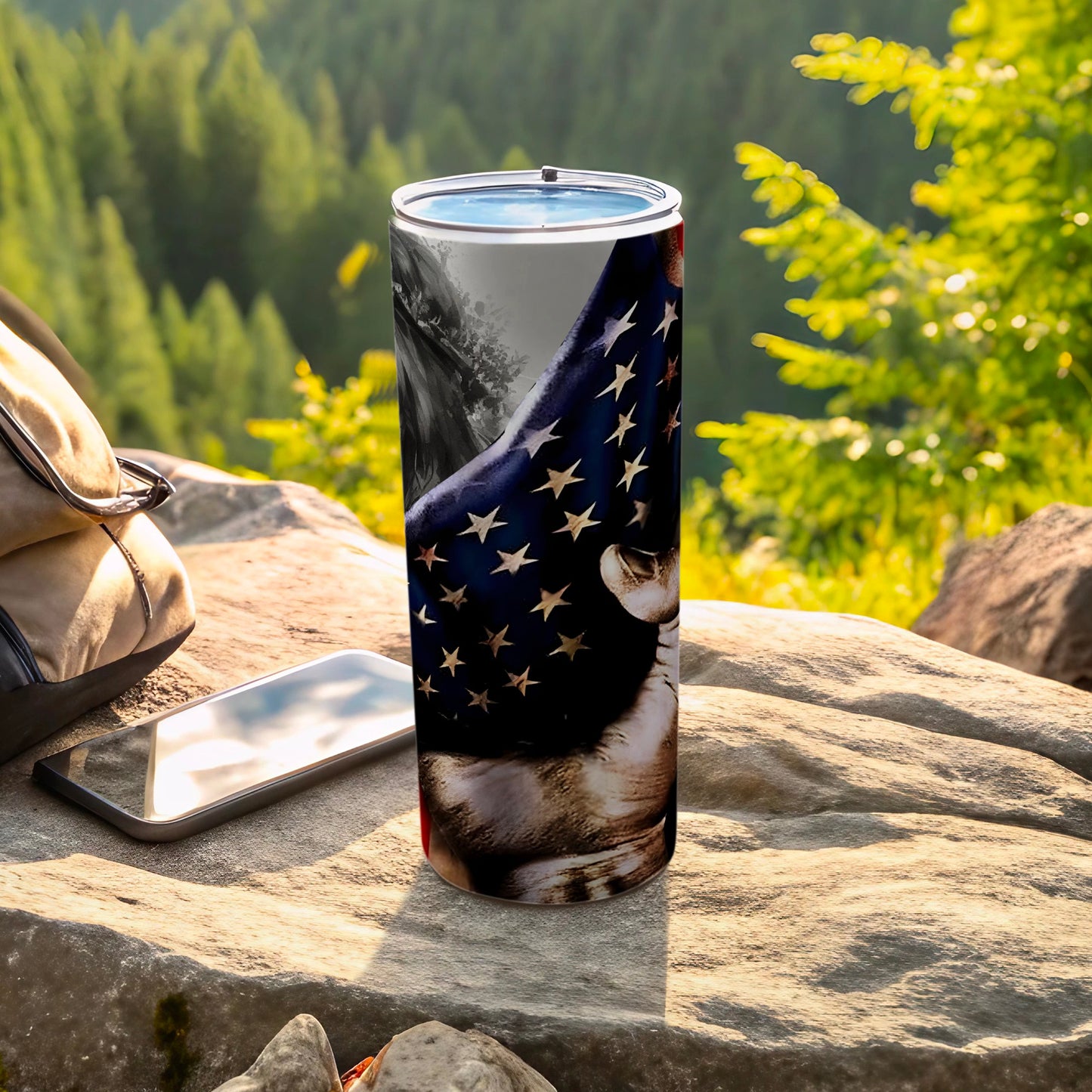 Tumbler featuring an American flag pattern with a wolf design.