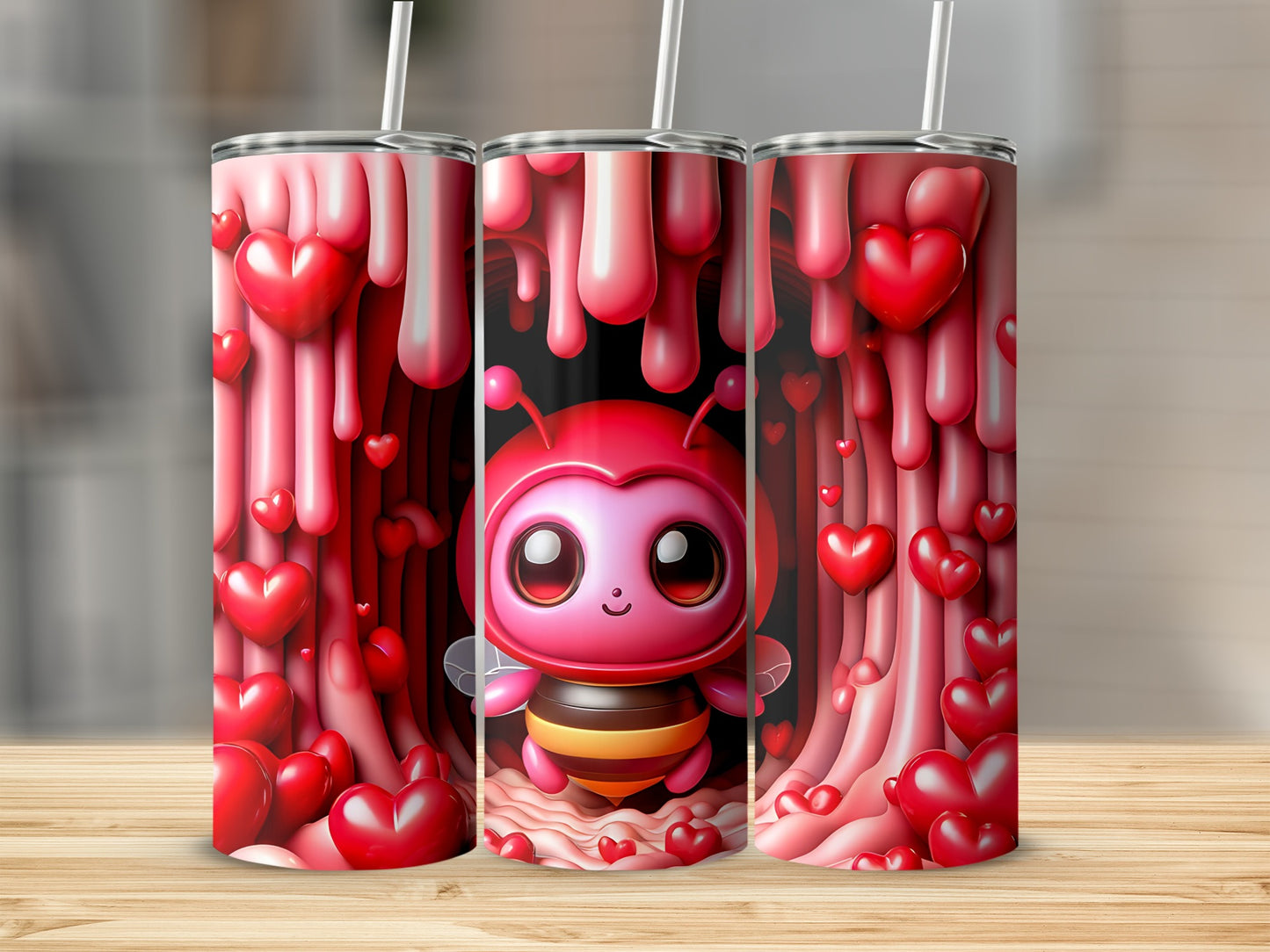 Cute Bee and Hearts Tumbler with Straws for Kids