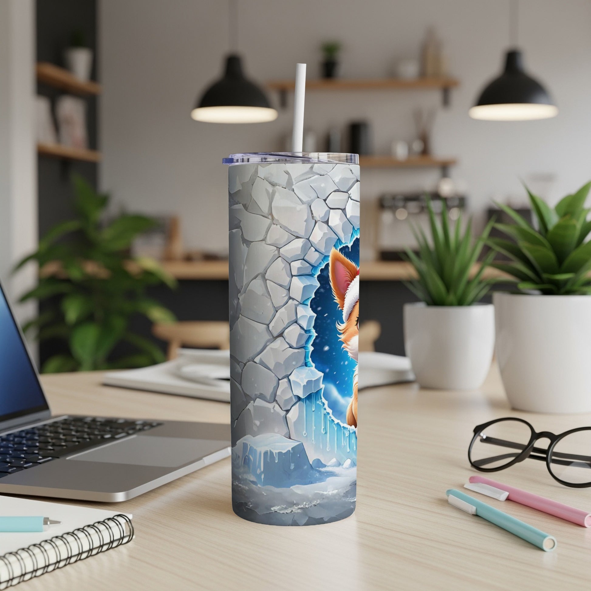 Corrugated tumbler with cracked ice and a dog wearing a Santa hat.