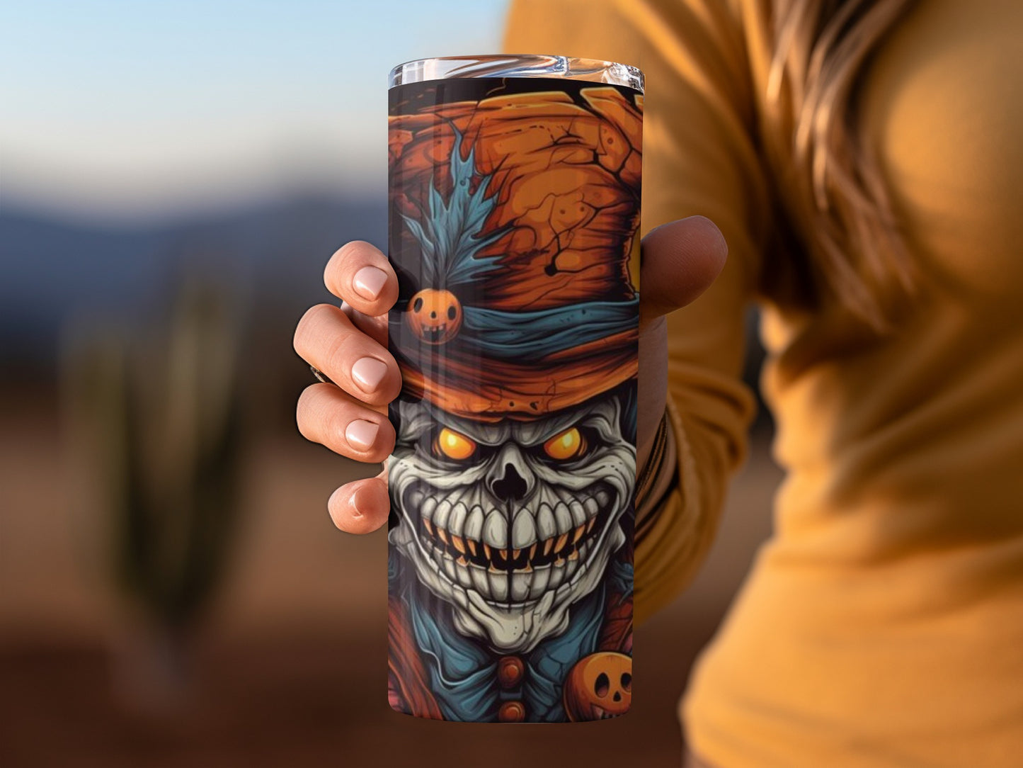 Creepy Halloween Skull with Pumpkin Thermal Tumbler