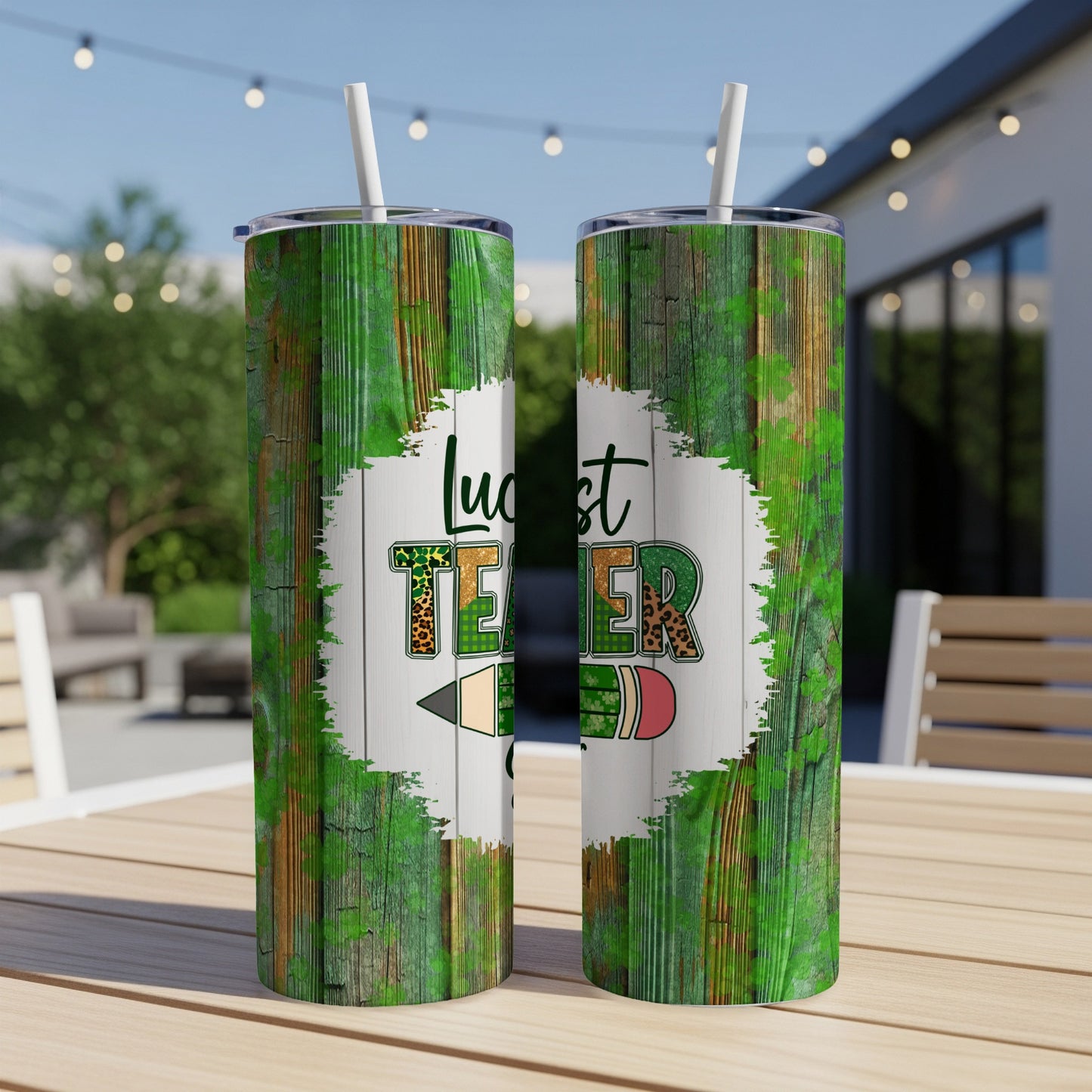 Two tumblers with "Luckiest Teacher" text and a pencil design.