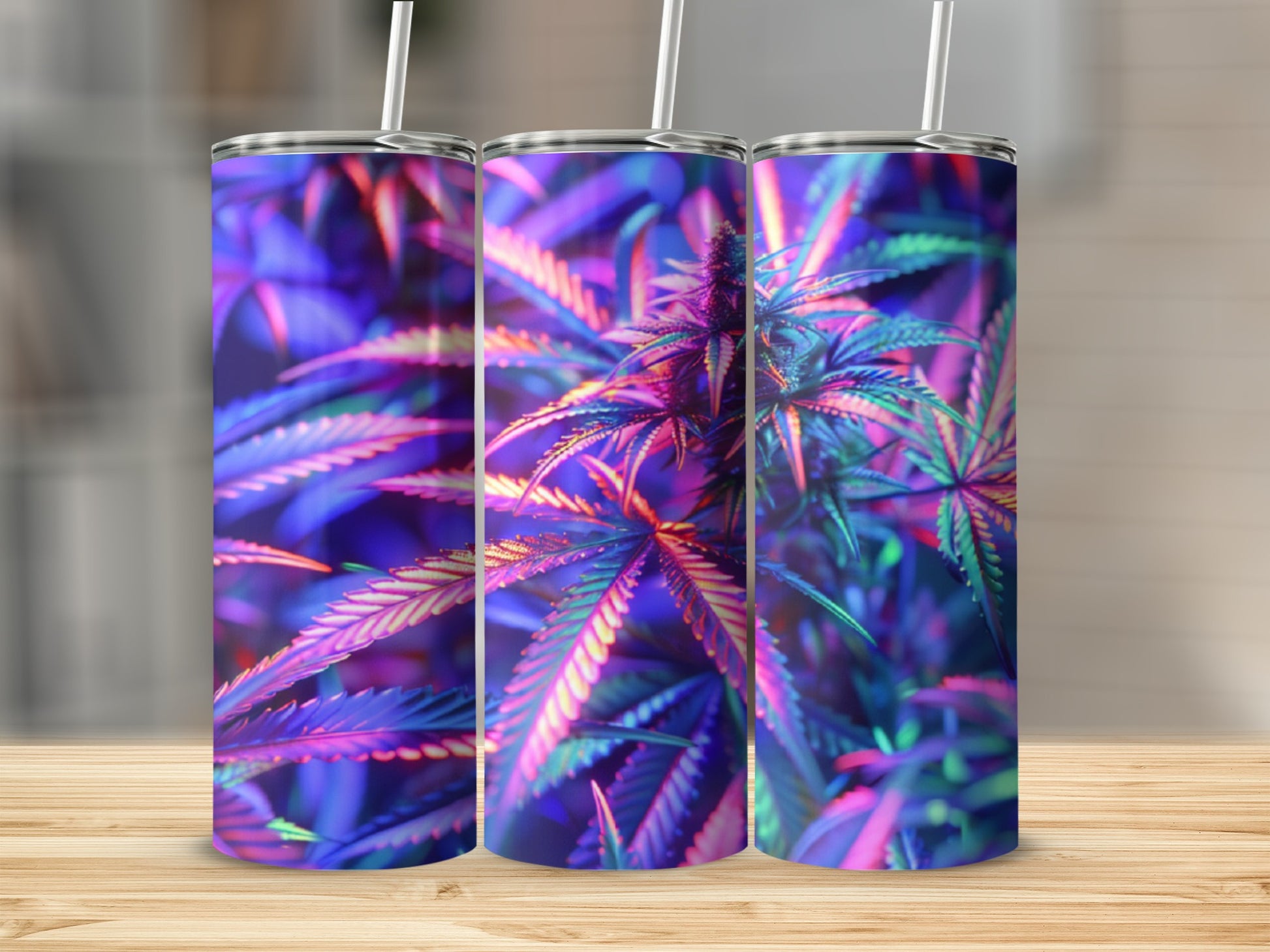 Cannabis leaves with vibrant neon pink and blue lighting.