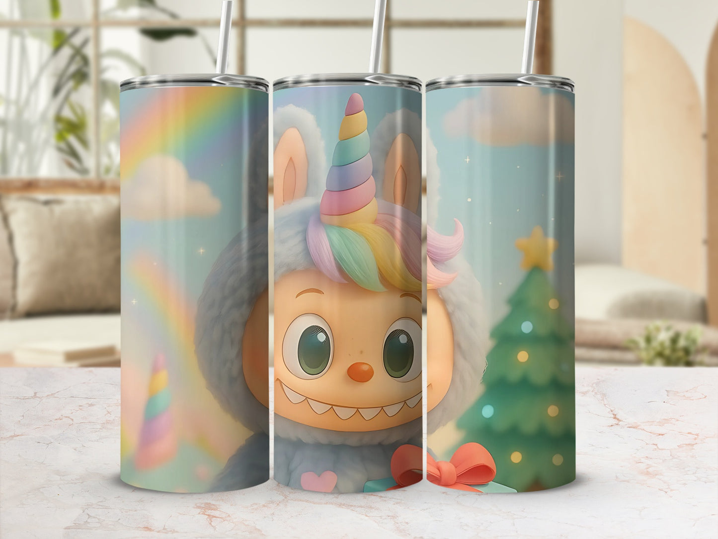 Adorable Unicorn Character With Rainbow Design Tumbler
