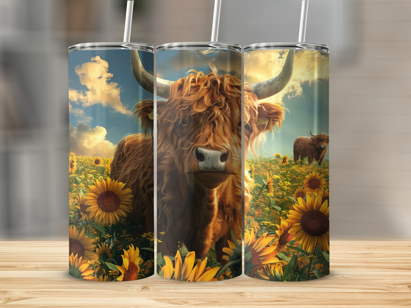 Highland cow with horns in a sunflower field.