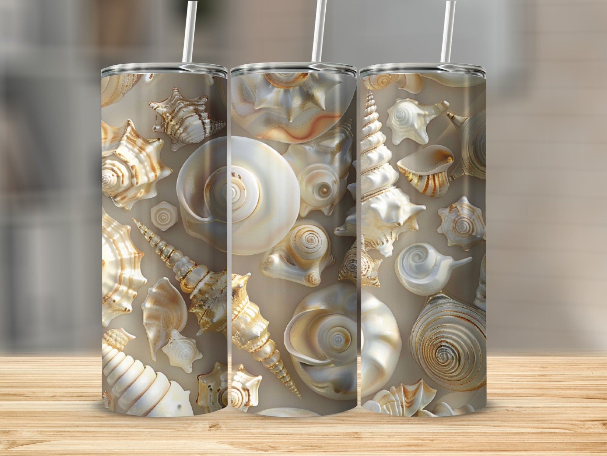 Three tumblers with a detailed seashell pattern.