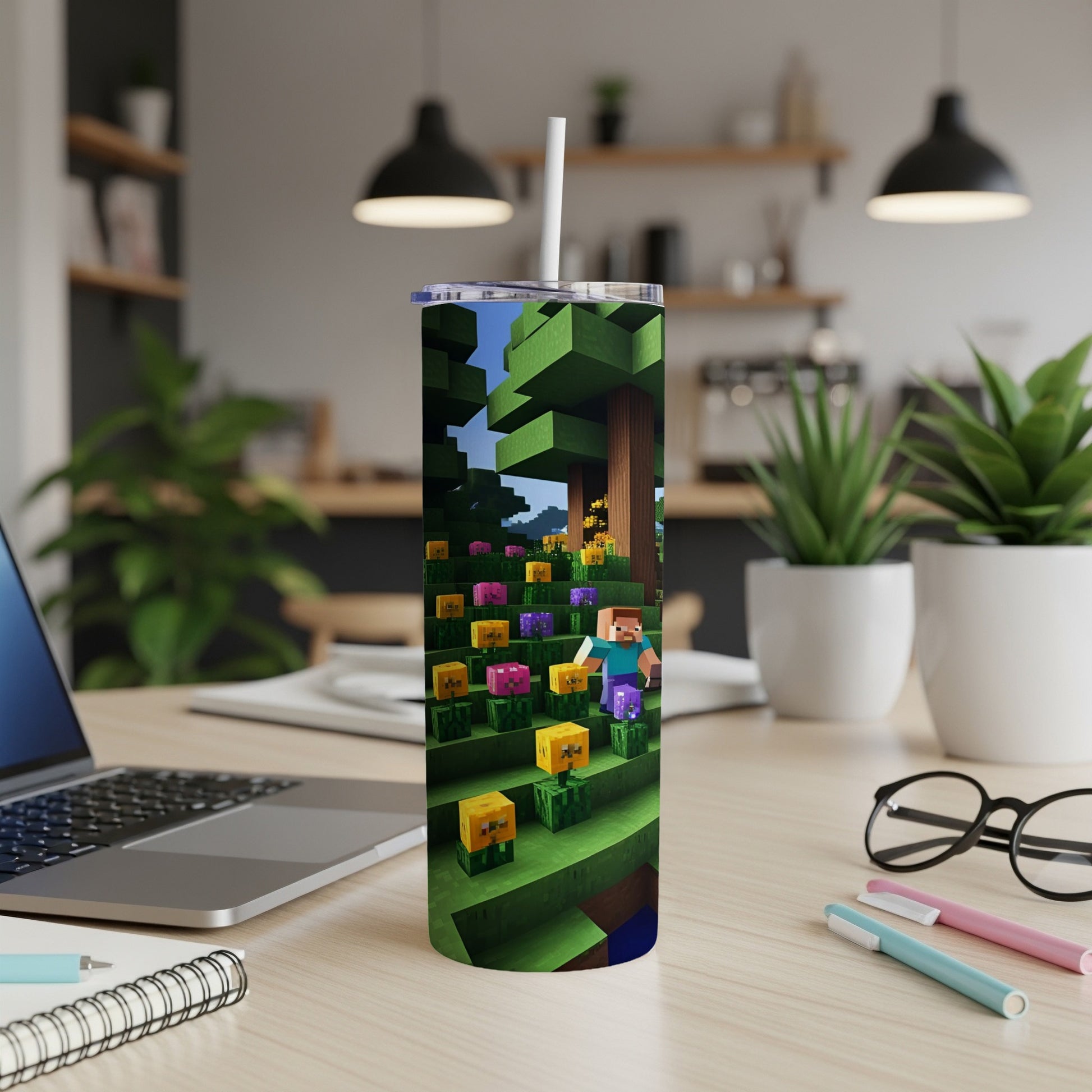 Minecraft Steve standing in a colorful flower garden on a tumbler.