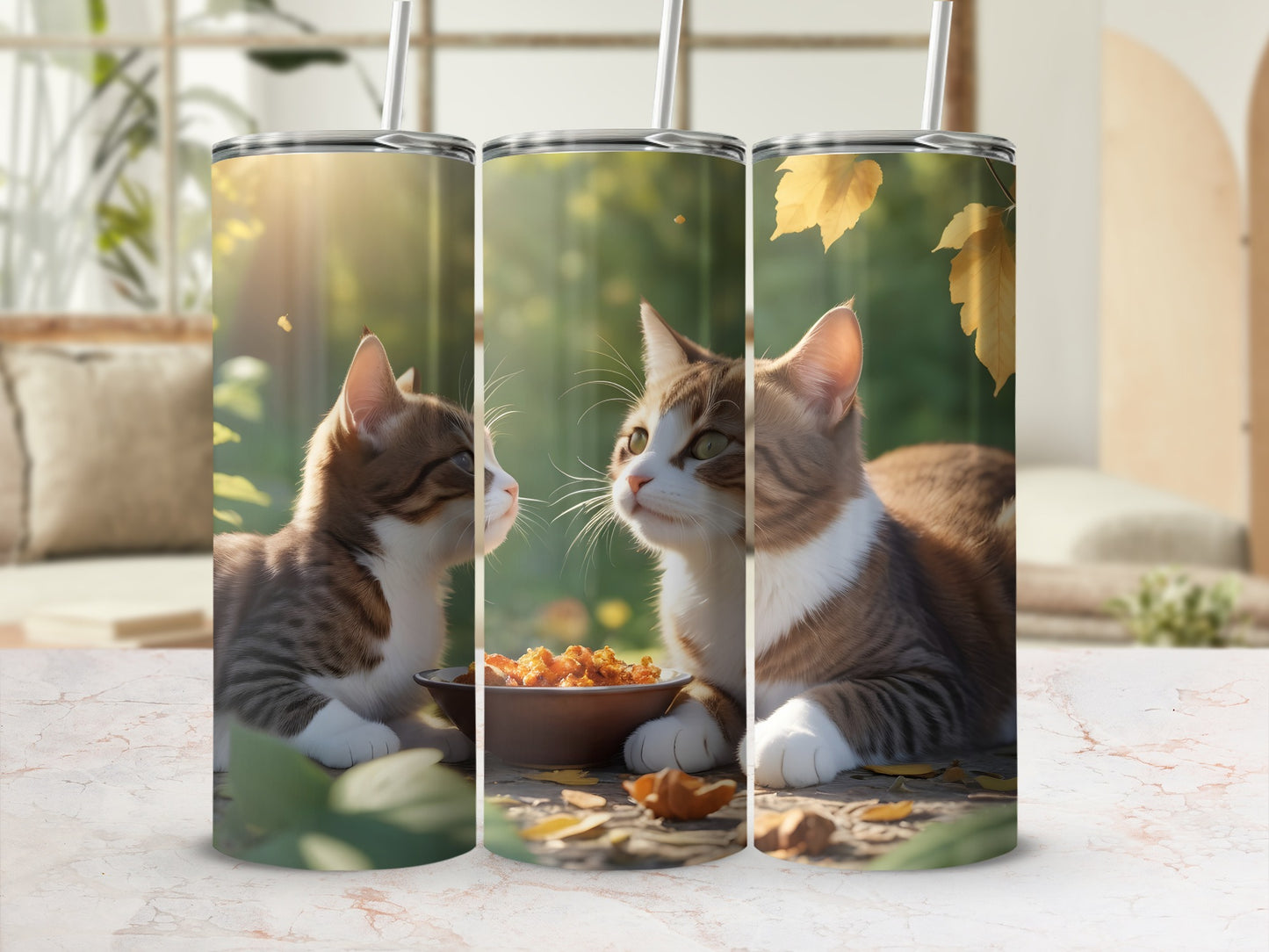 Three tumblers featuring a tabby cat looking at a bowl of food.