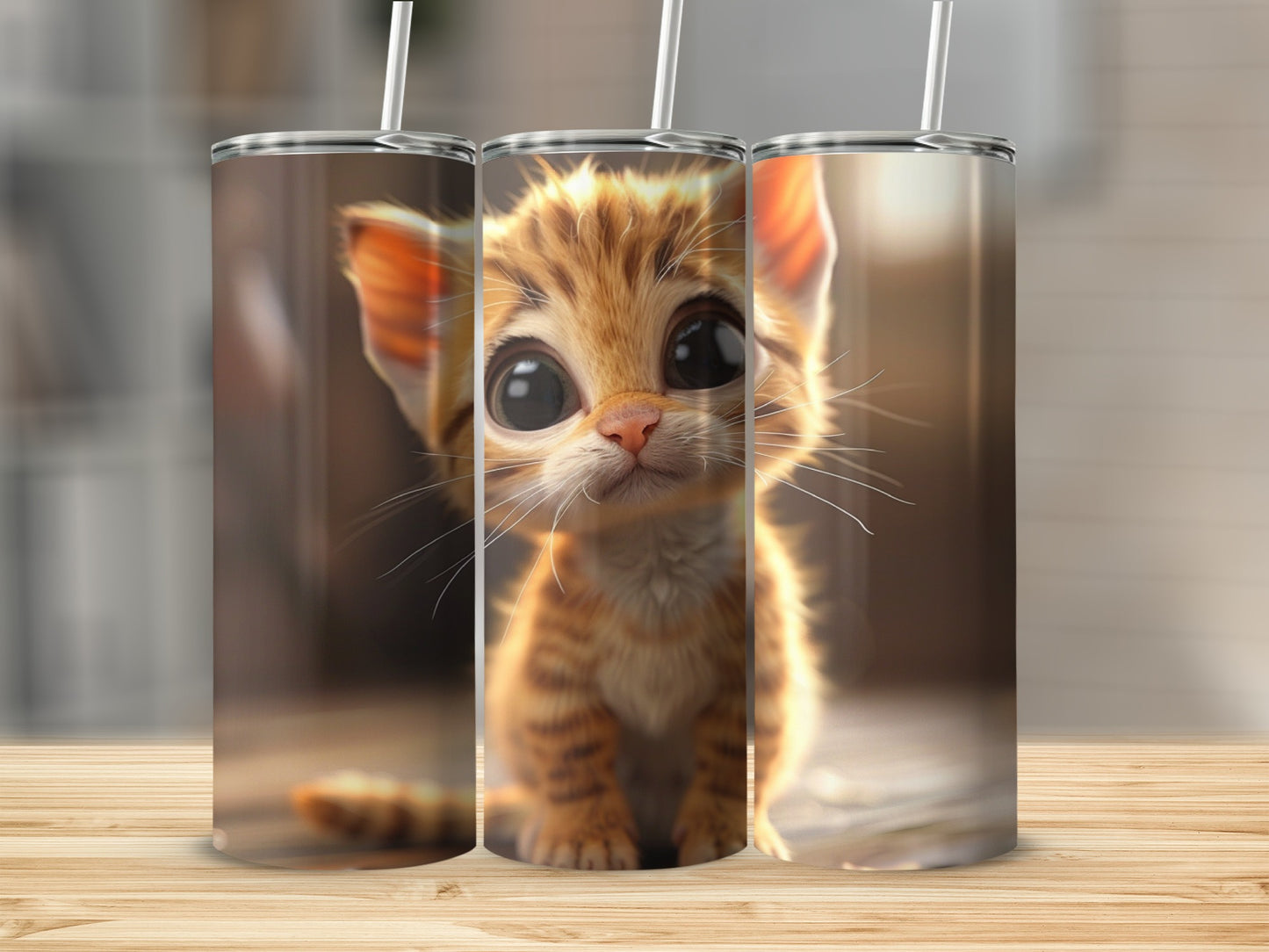 Cute tabby kitten with large eyes on a tumbler.