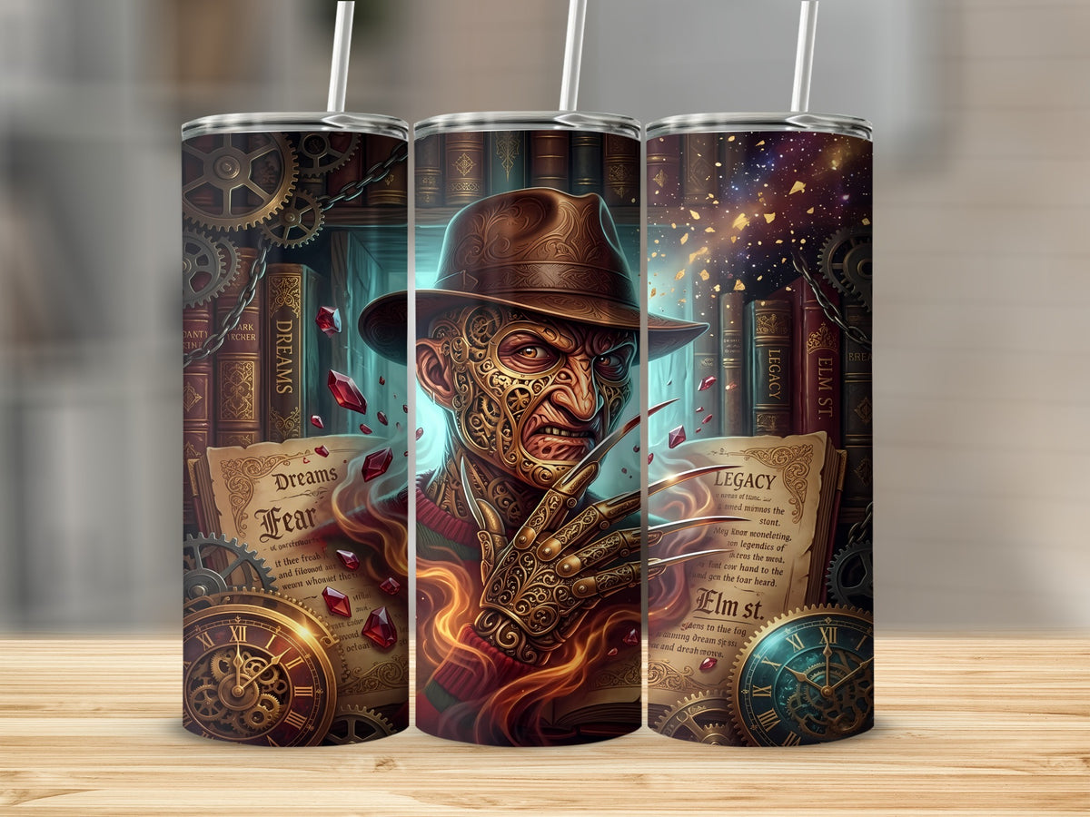 Freddy Krueger artwork on a tumbler with books, gears, clocks, and swirling flames.