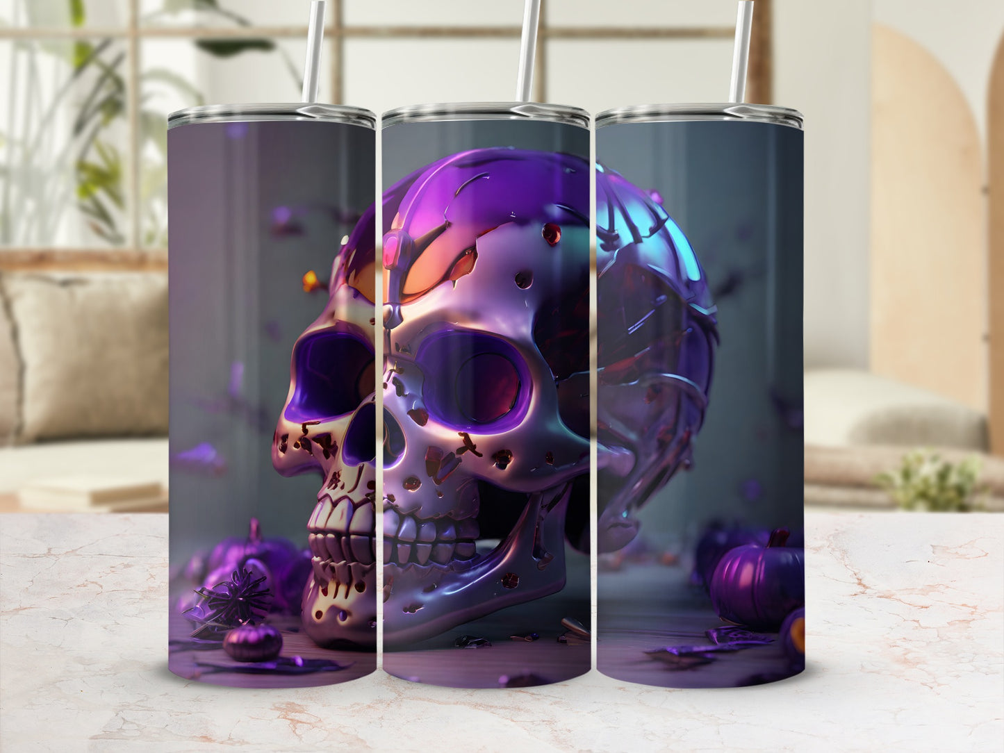 Chrome skull with purple accents and straw, against blurred background.