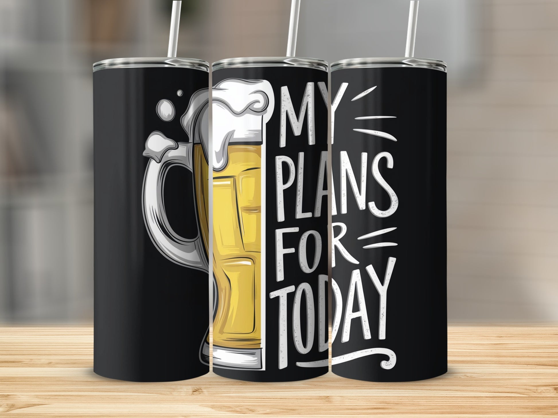Black tumbler with "My Plans For Today" text and a beer mug illustration.