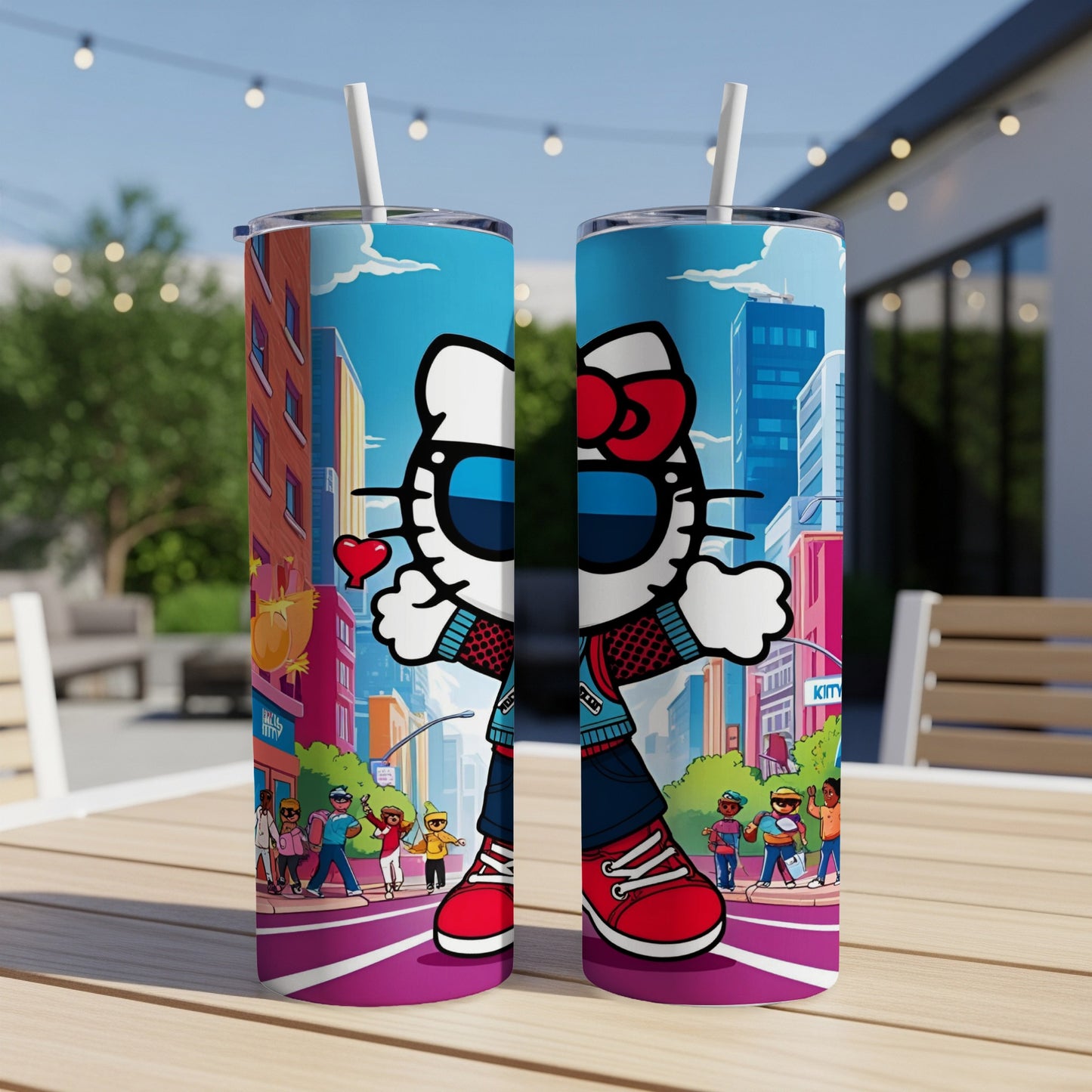 Hello Kitty in sunglasses and stylish outfit on a cityscape background.