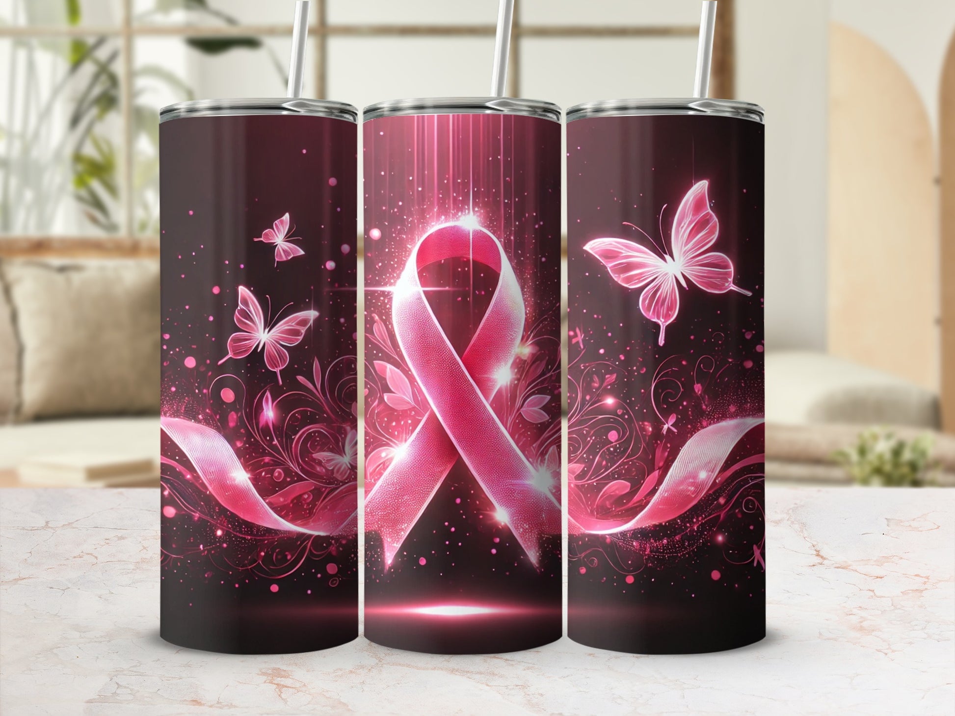 Pink ribbon and butterflies with sparkles on a tumbler.