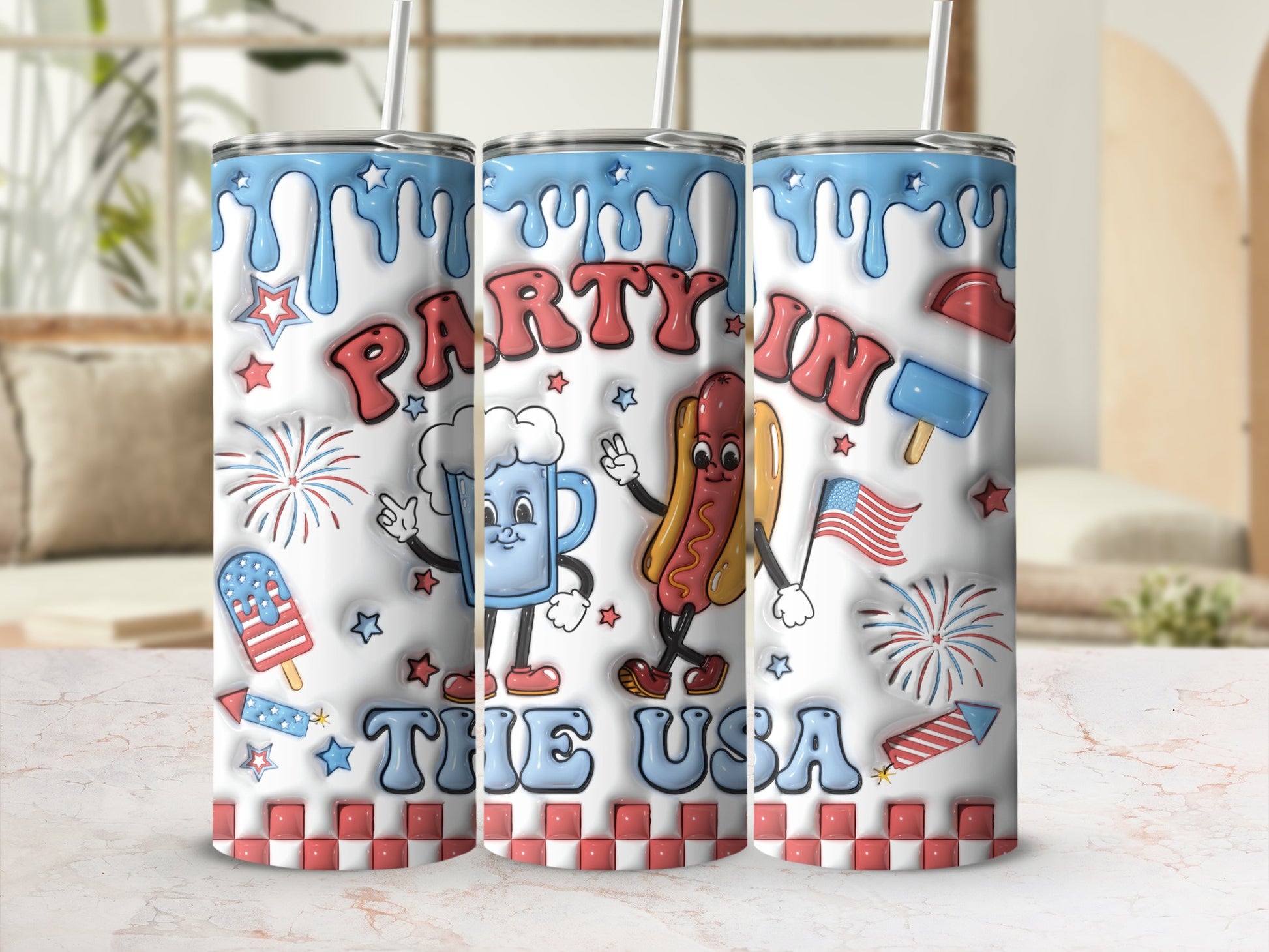 Patriotic tumbler with hot dog, mug, fireworks, and "Party in the USA" text.