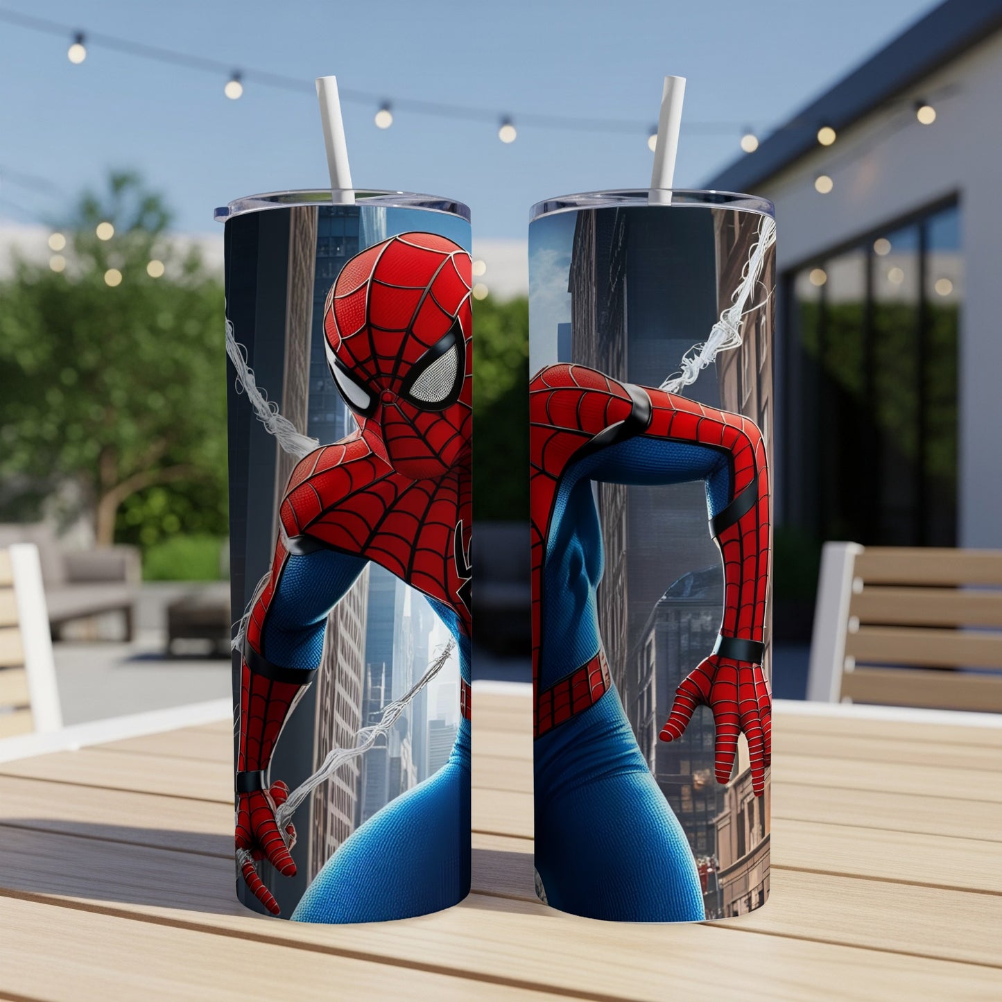 Spider-Man character on a cityscape background, depicted on two cylindrical tumblers.