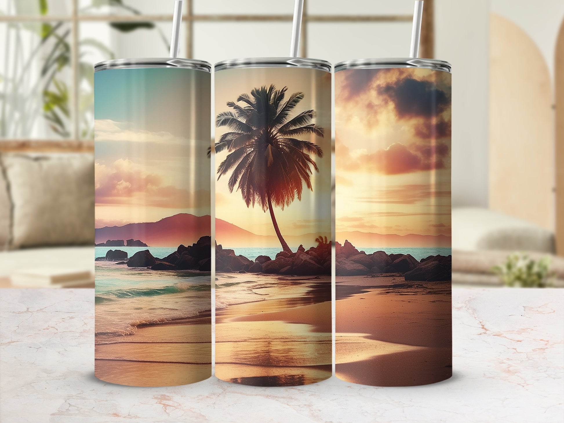 Tropical Sunset Beach Tumbler with Palm Tree Art