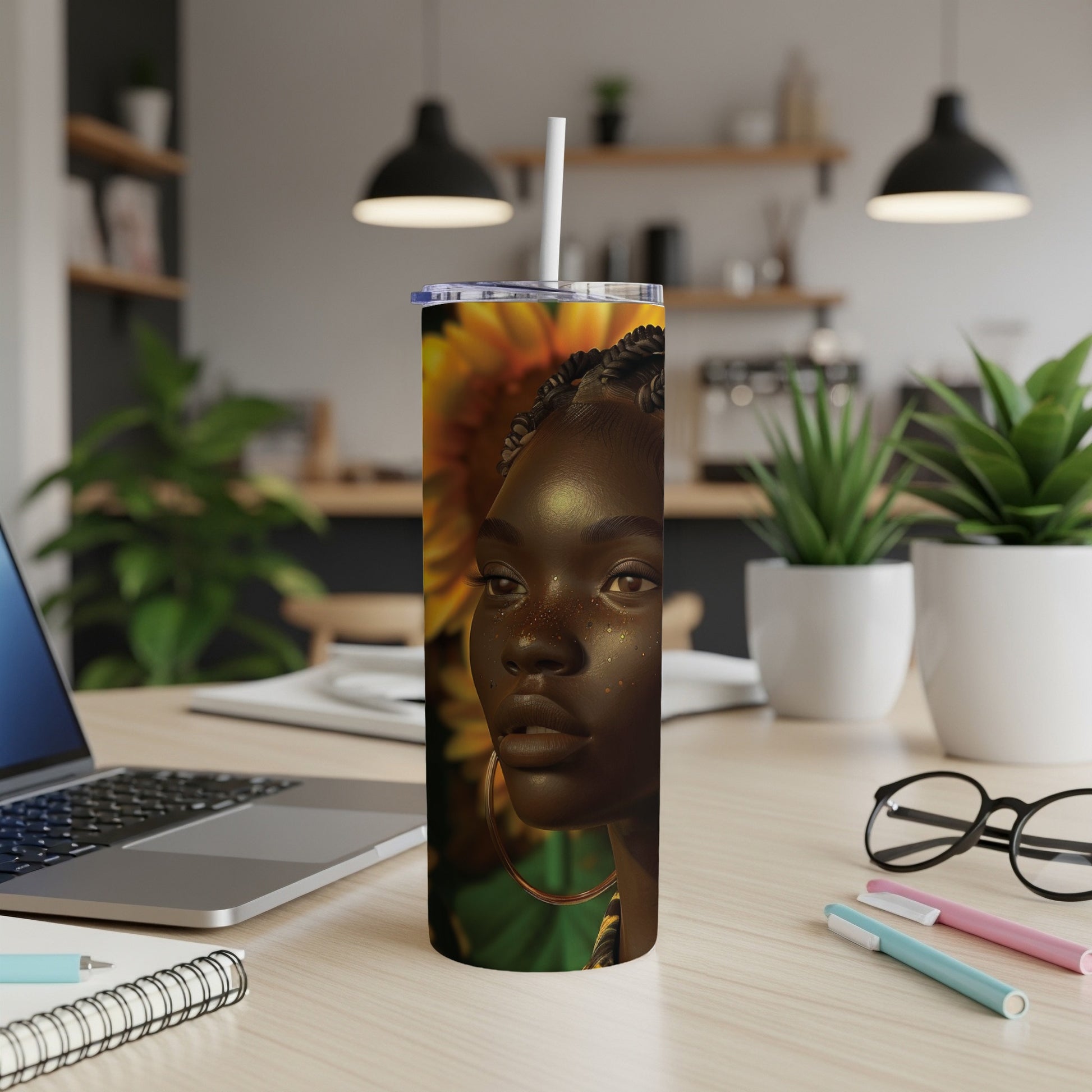 Tall tumbler with a portrait of a Black woman and a sunflower.
