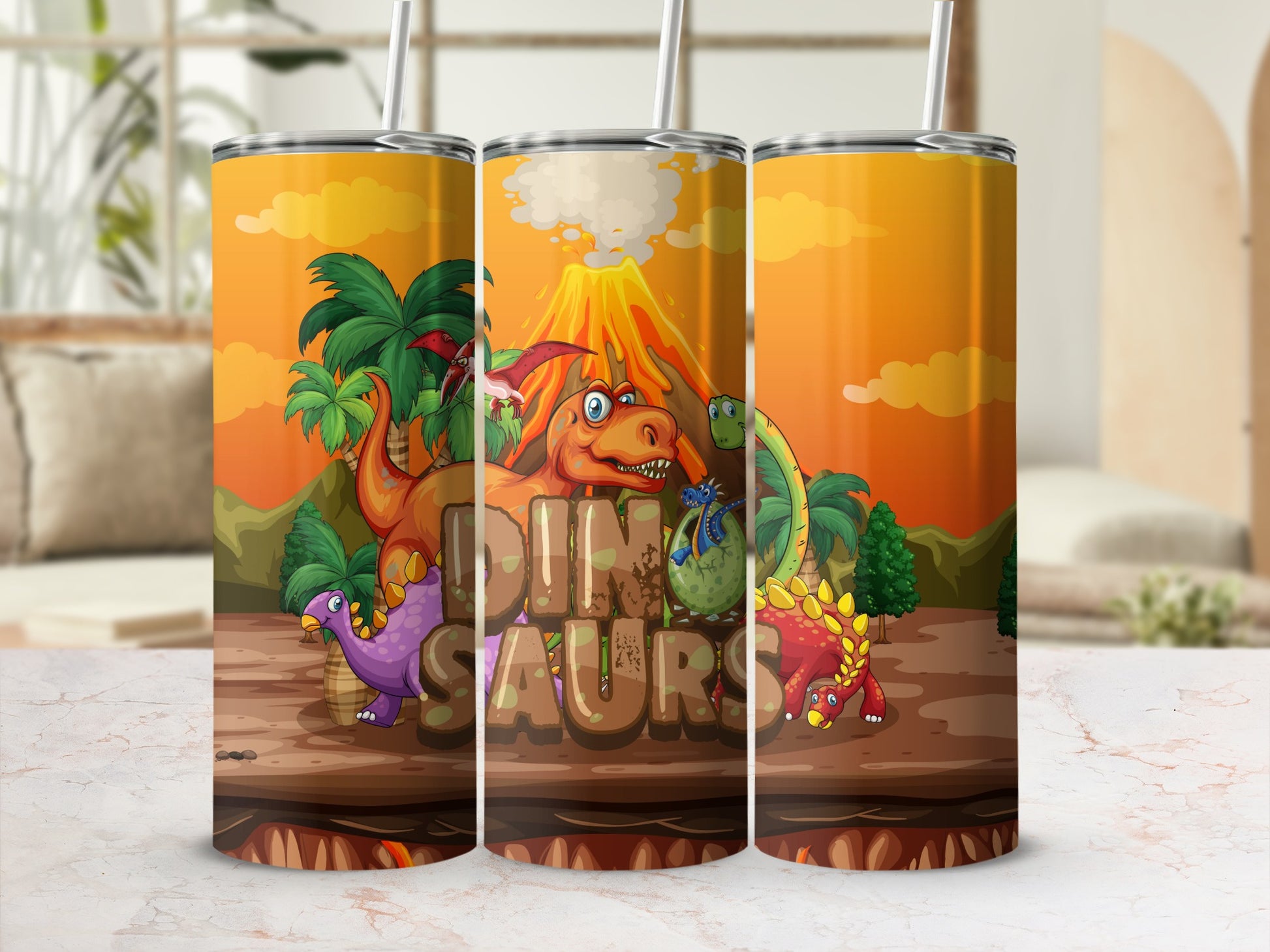 Colorful Dinosaur Themed Tumbler With Straw Flask