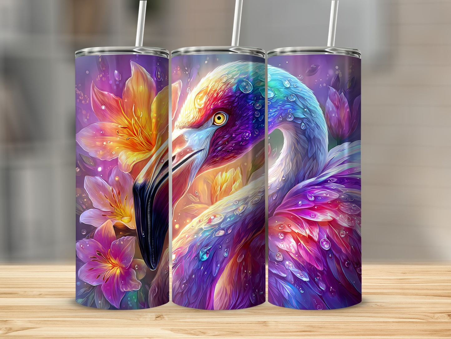 Vivid Flamingo and Flowers Design Tumbler