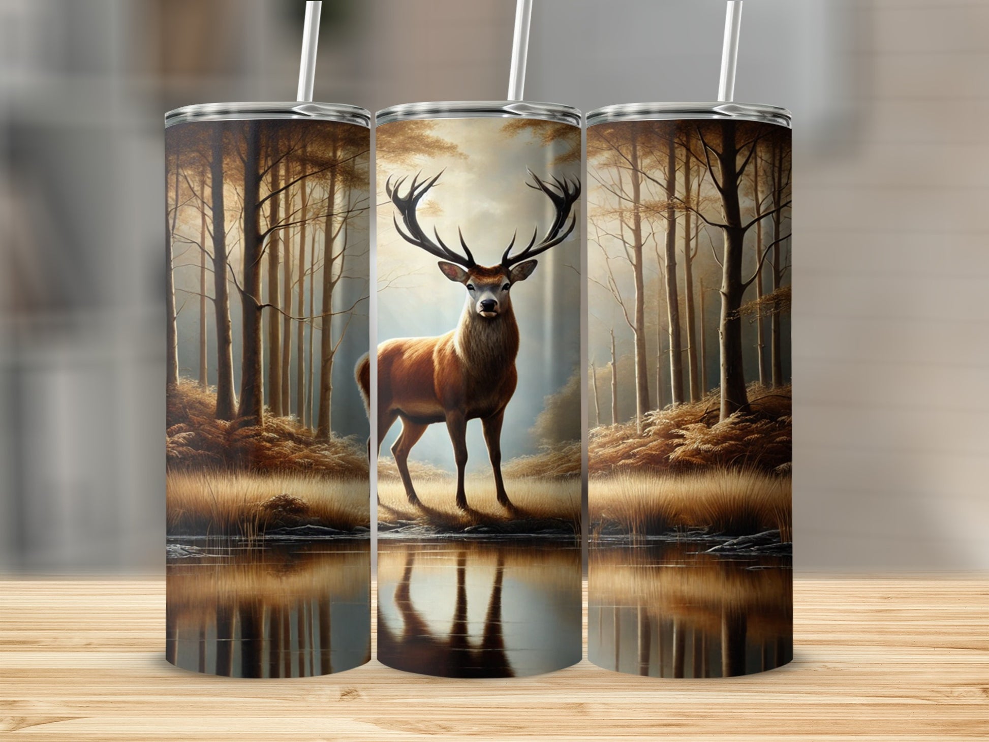 Majestic Forest Deer Scene Insulated Tumbler Cup