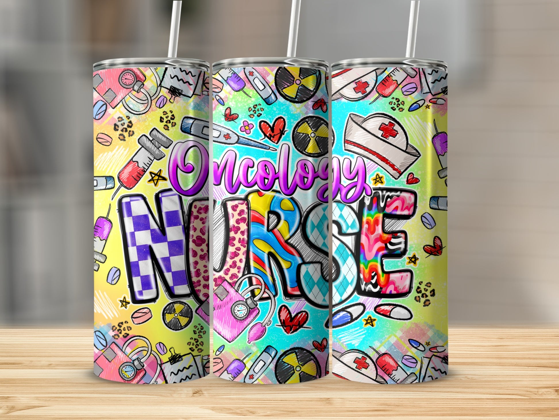 Tumbler with "Oncology Nurse" text and medical-themed cartoon drawings.