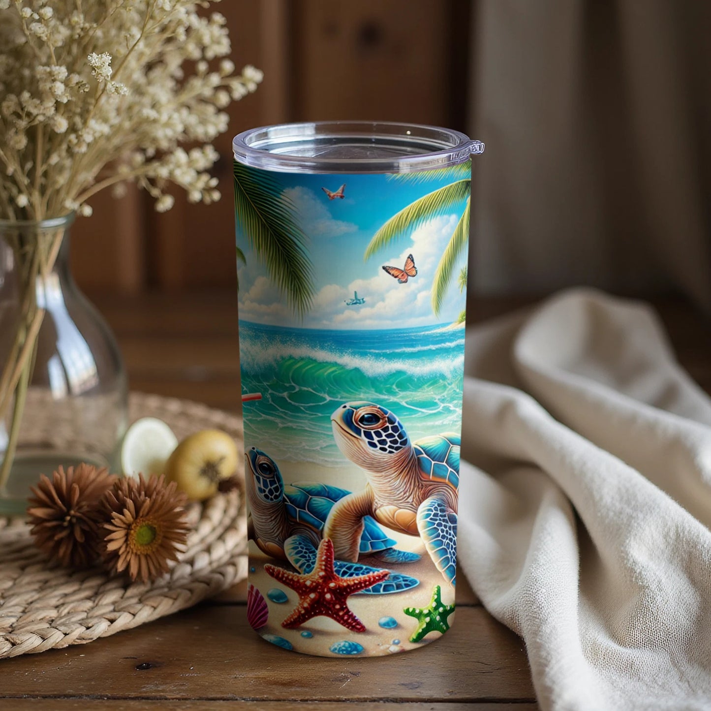 ** Tropical Beach Scene Tumbler with Sea Turtles Design