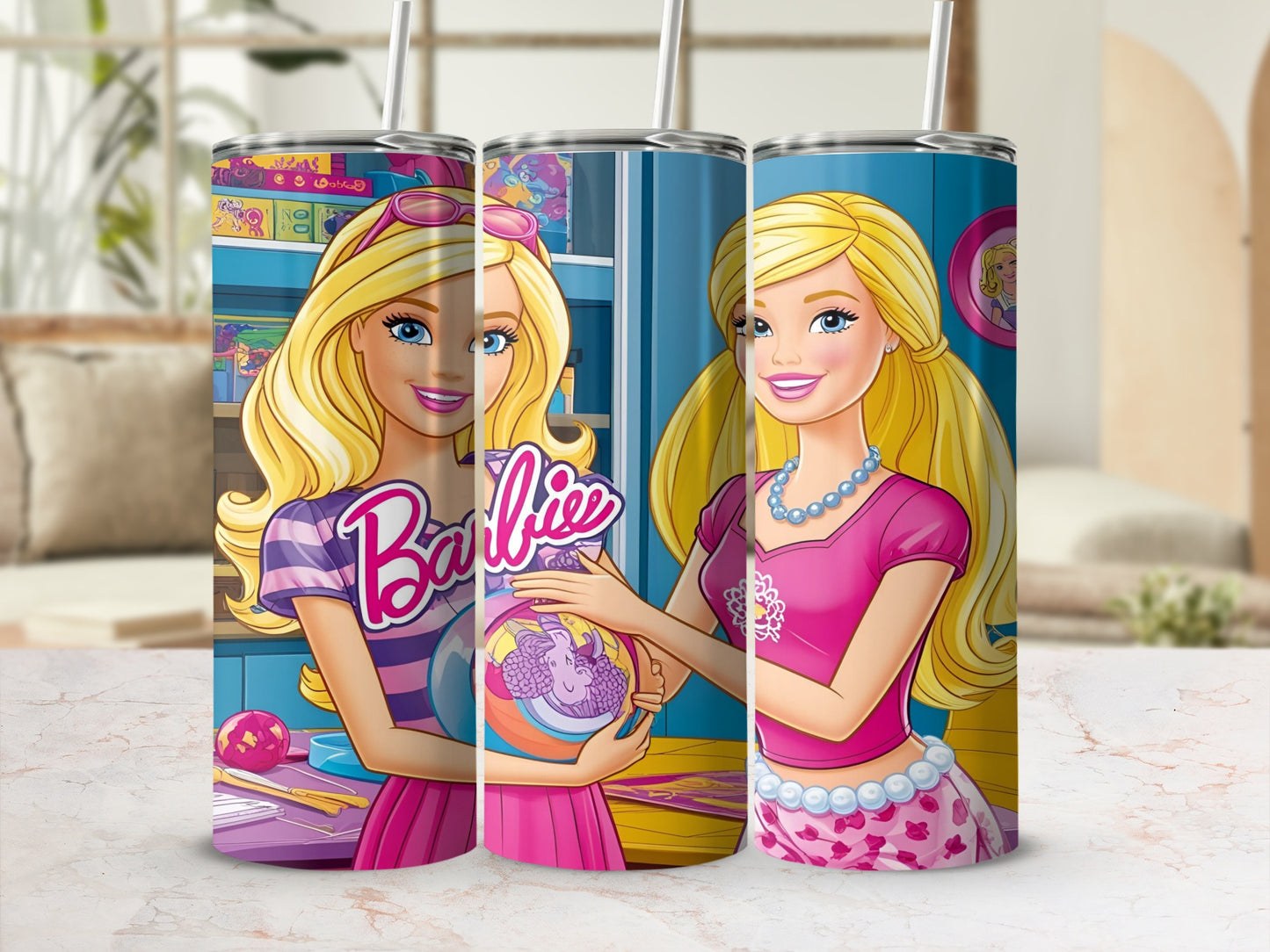 Barbie holding a colorful jar with a cat, standing with another Barbie.