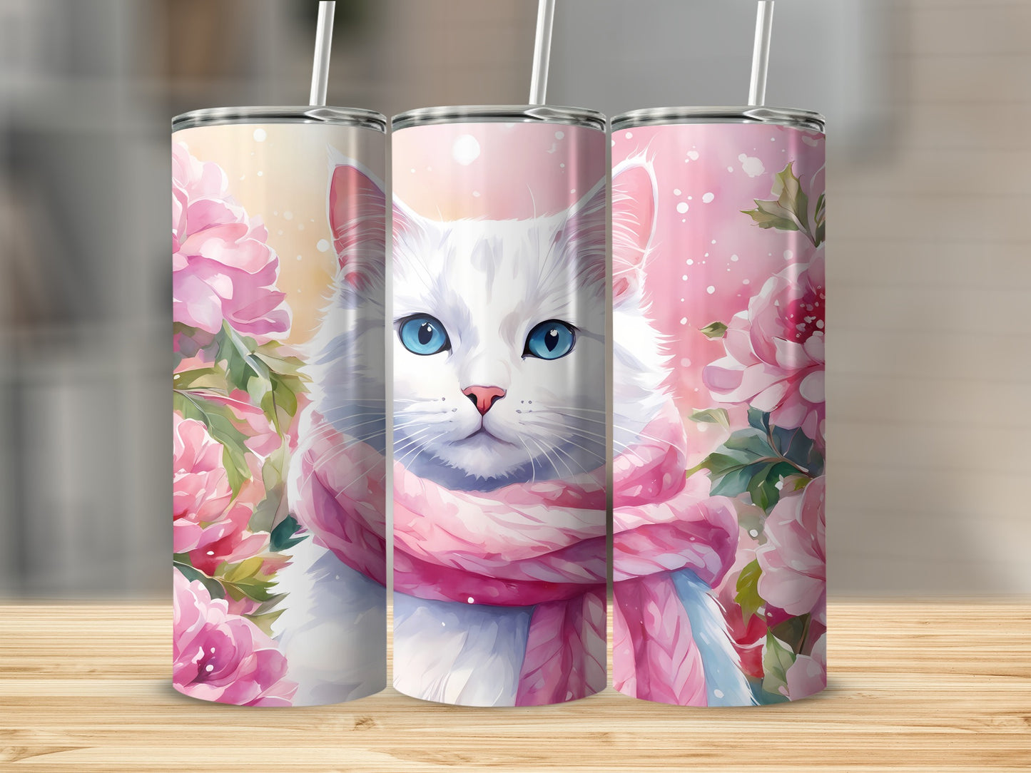 White cat with blue eyes and pink scarf on floral tumbler.