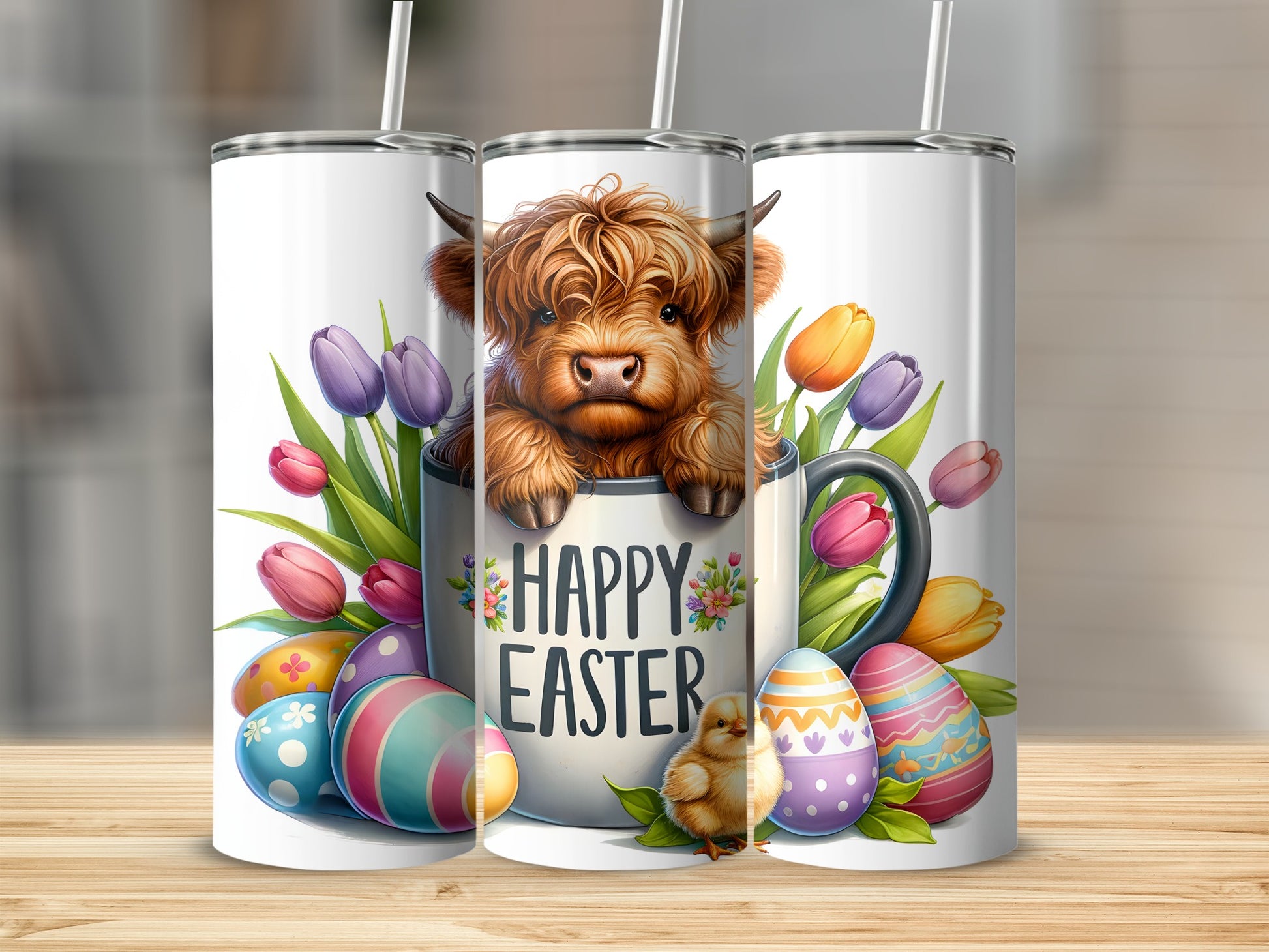 Highland cow in mug with Easter eggs and tulips, "Happy Easter" text.