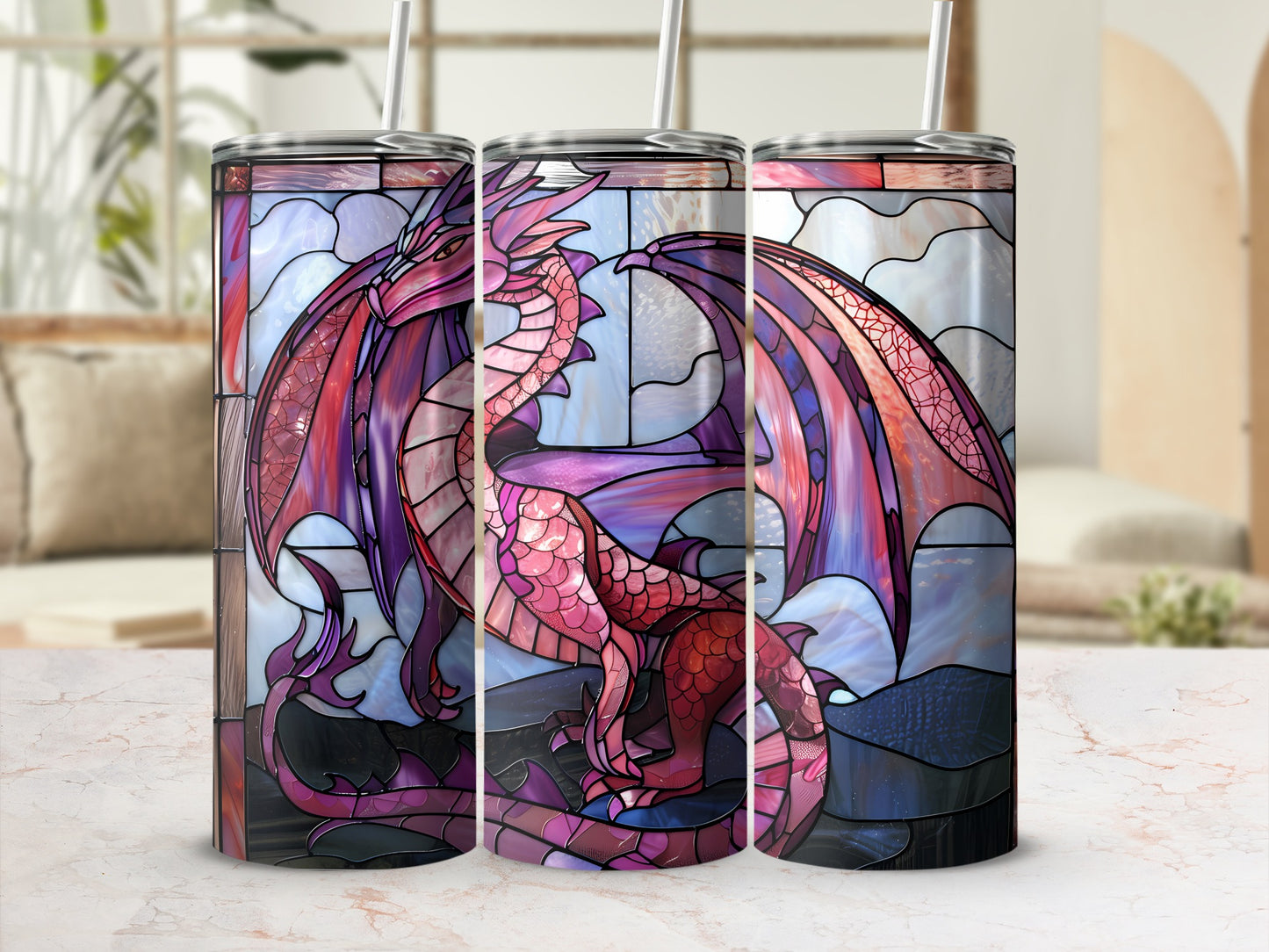 Three tumblers display a pink and purple dragon on a stained-glass background.