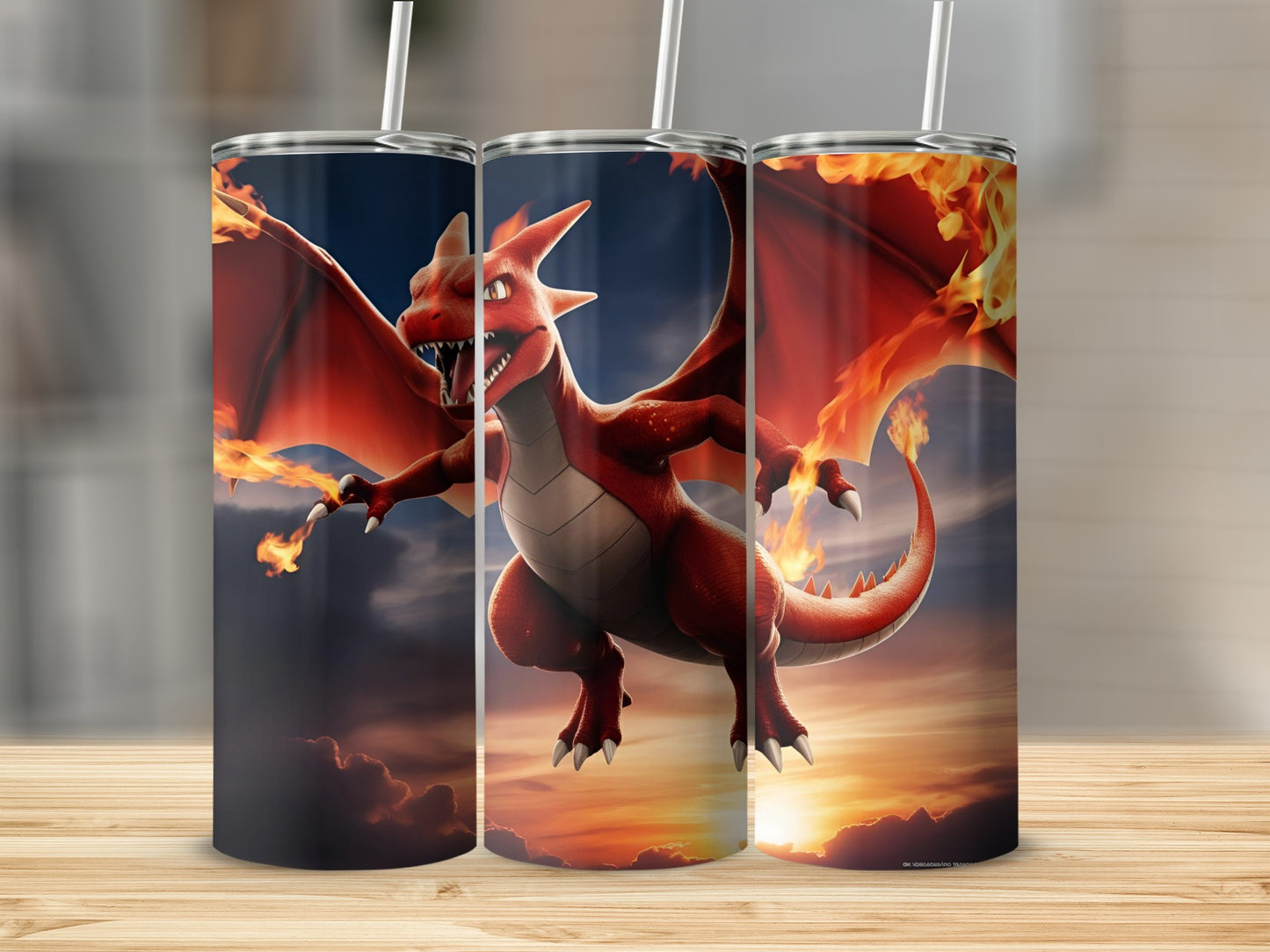 Red dragon with fiery wings flying in sunset sky.